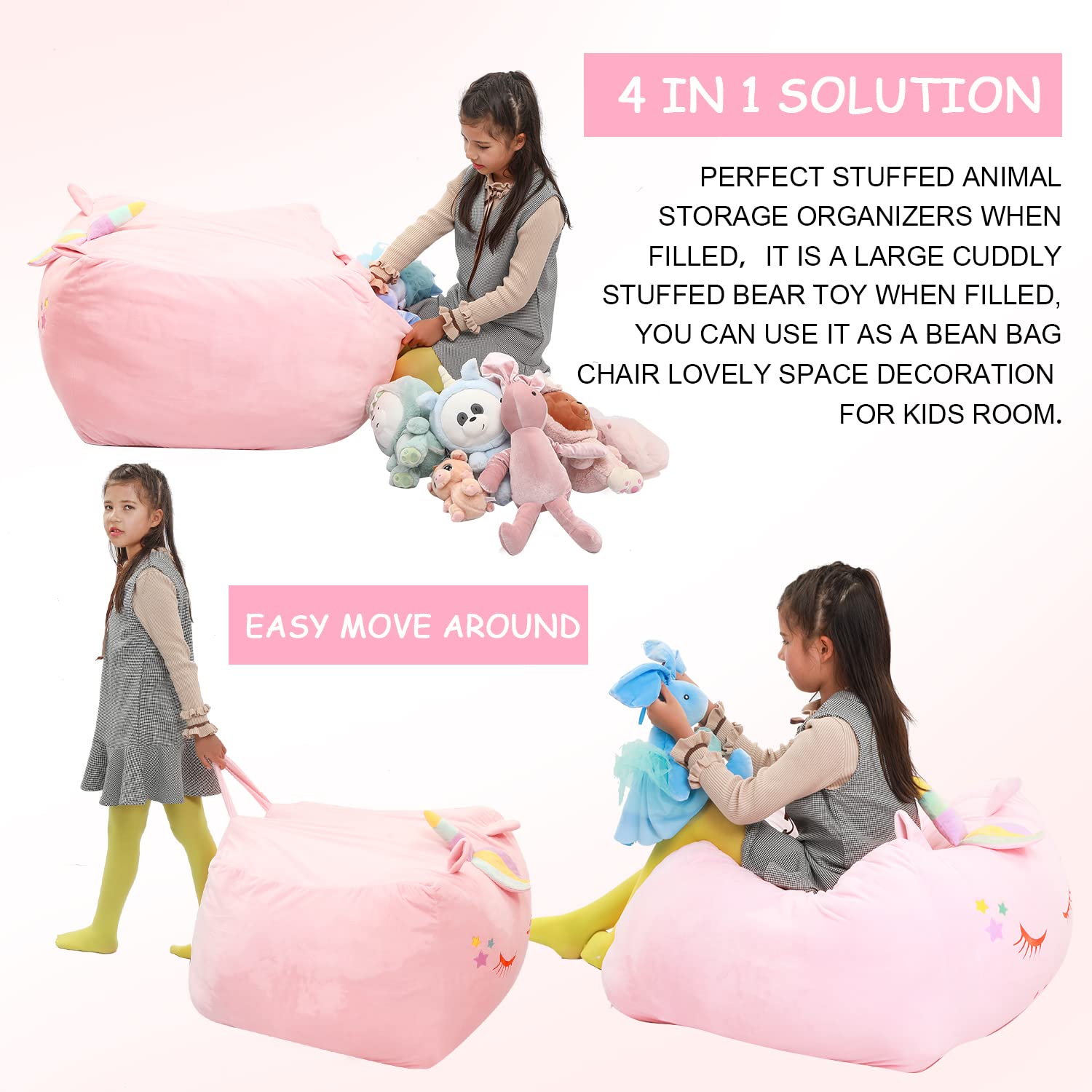 Unicorn Stuffed Animal Storage Bean Bag Chair Cover for Kids