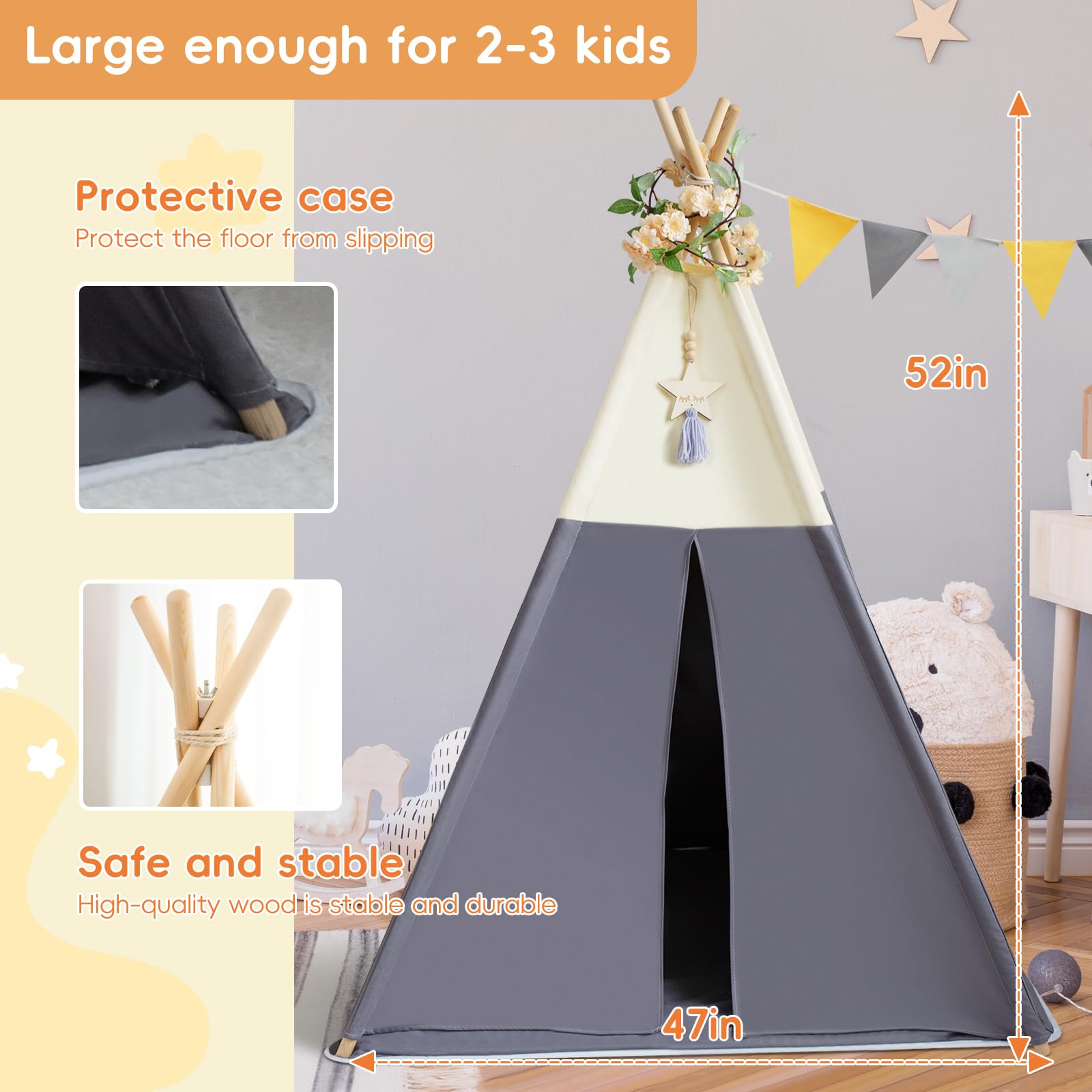 Kids Cotton Canvas Teepee Play Tent with Mat