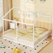 Double Twin Floor Beds for Kids with Fence and Roof