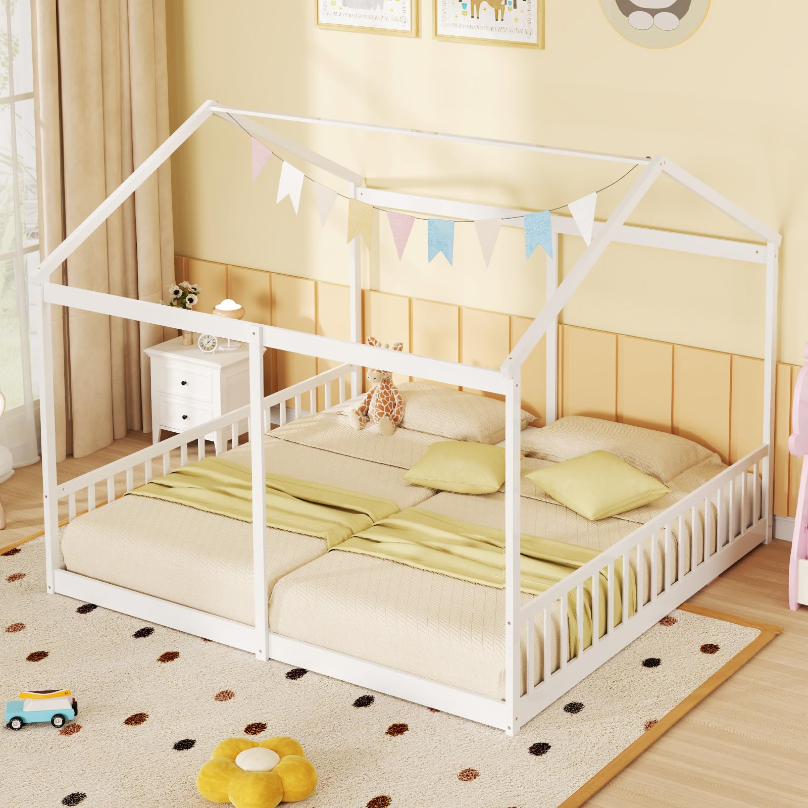 Double Twin Floor Beds for Kids with Fence and Roof