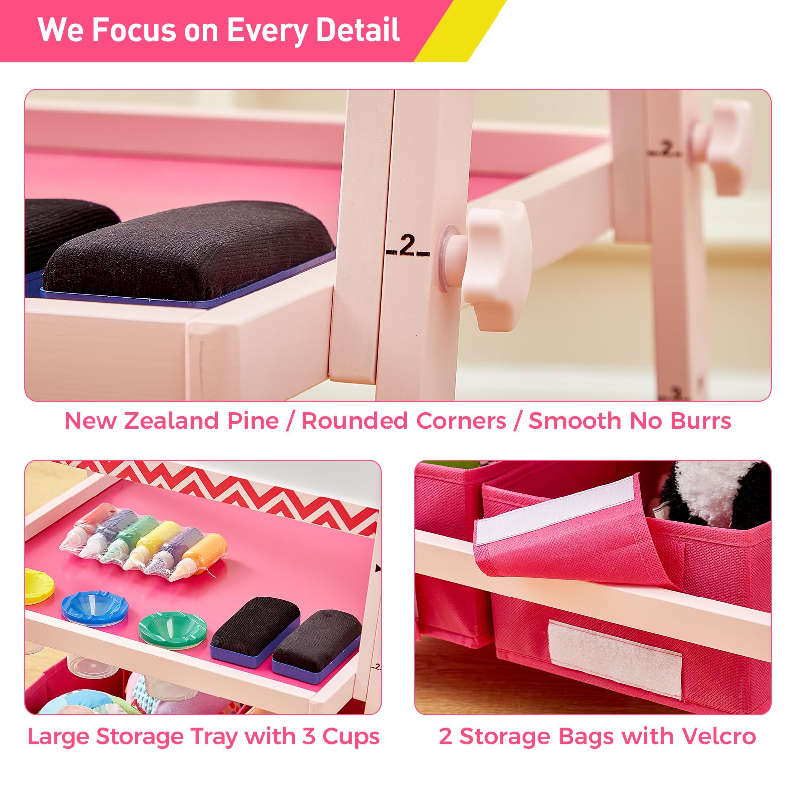 FUNLIO Anti-Warping Kids Art Easel, 3 Height Adjustable for Kids Aged 2-8, All-in-One Toddler Easel with Paper Roll & Erasable Frame, Standing Easel with Magnetic Chalkboard/Whiteboard (Pink)
