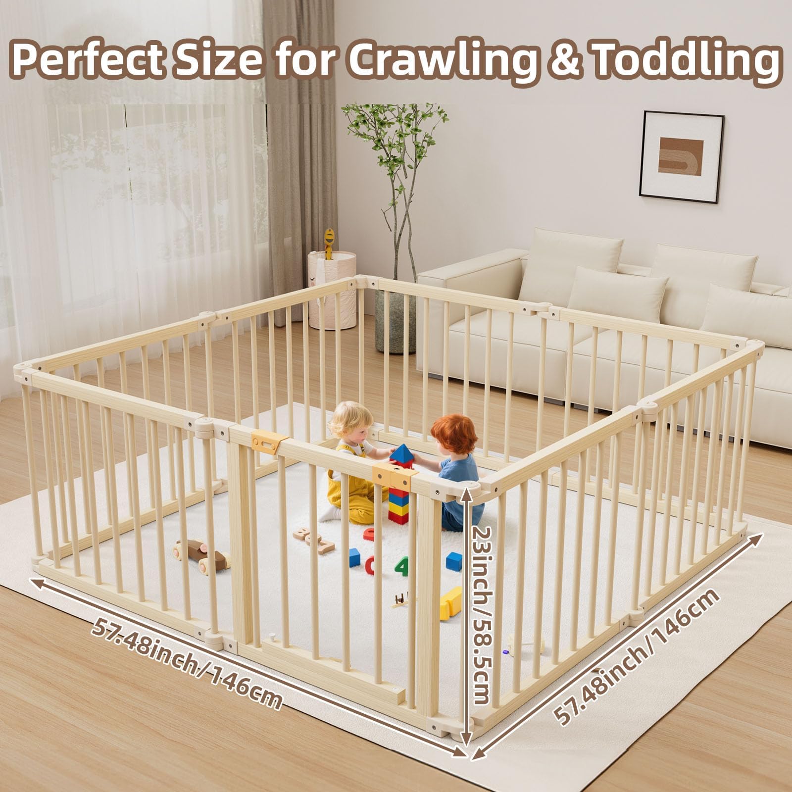 Wooden Baby Playpen with Gate 8 Panels