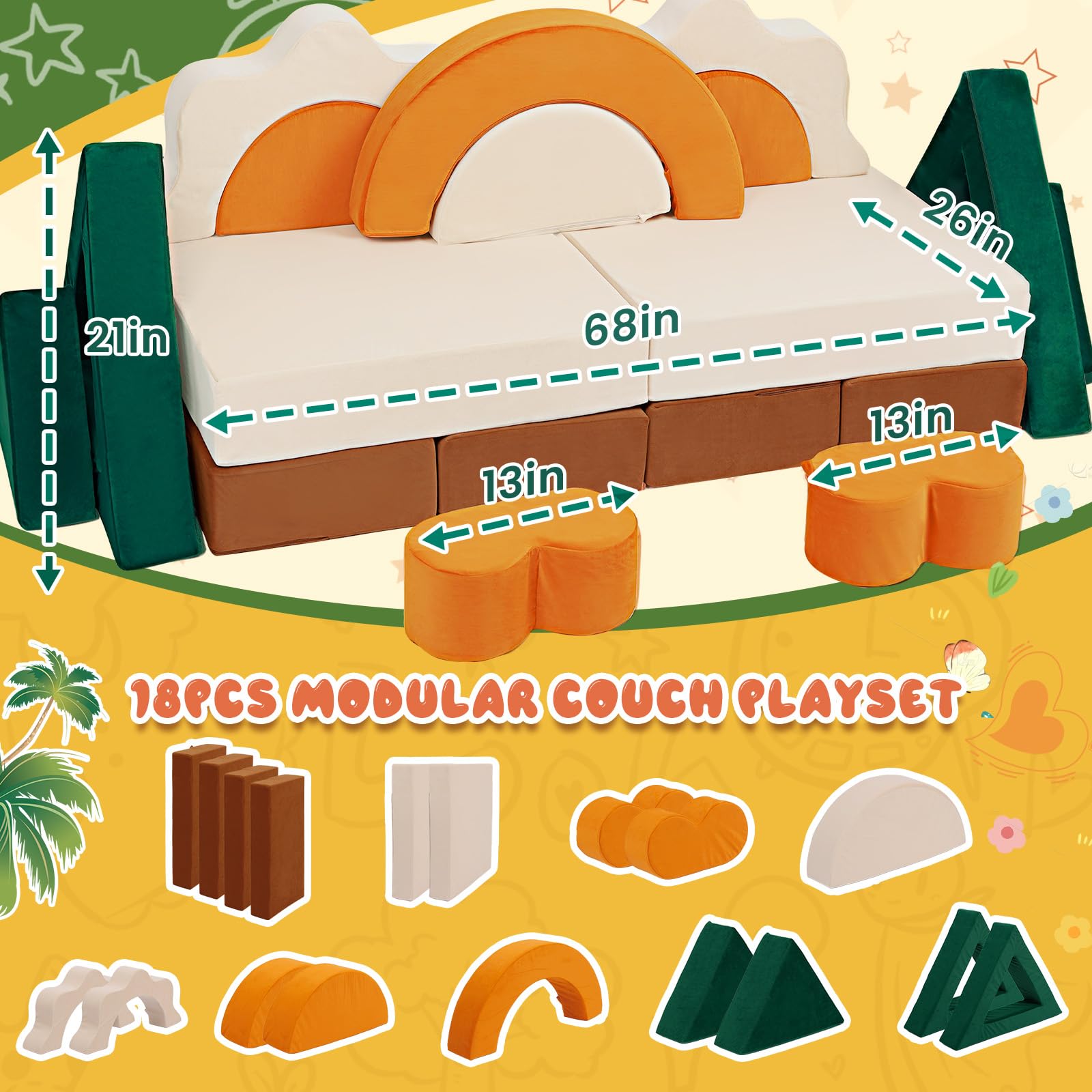 18-Piece Modular Kids Play Couch Jungle Theme
