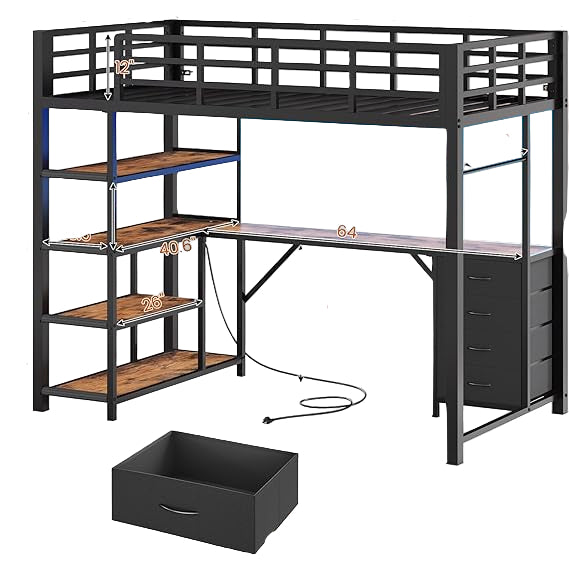 Loft Bed Twin Size with L Shape Desk,4 Drawers,3-Tier Storage Shelves Metal