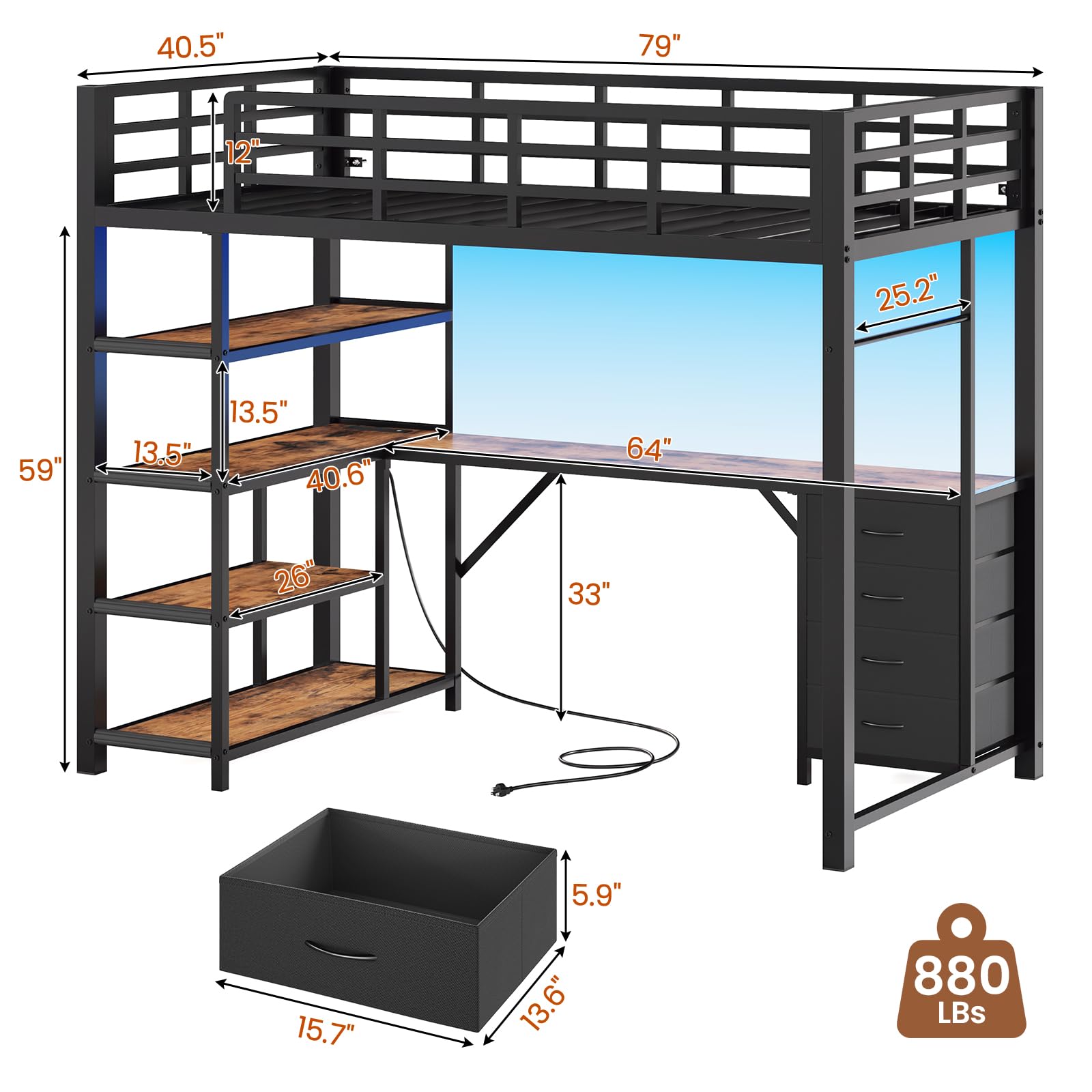Twin Loft Bed with L-Shaped Desk and Storage