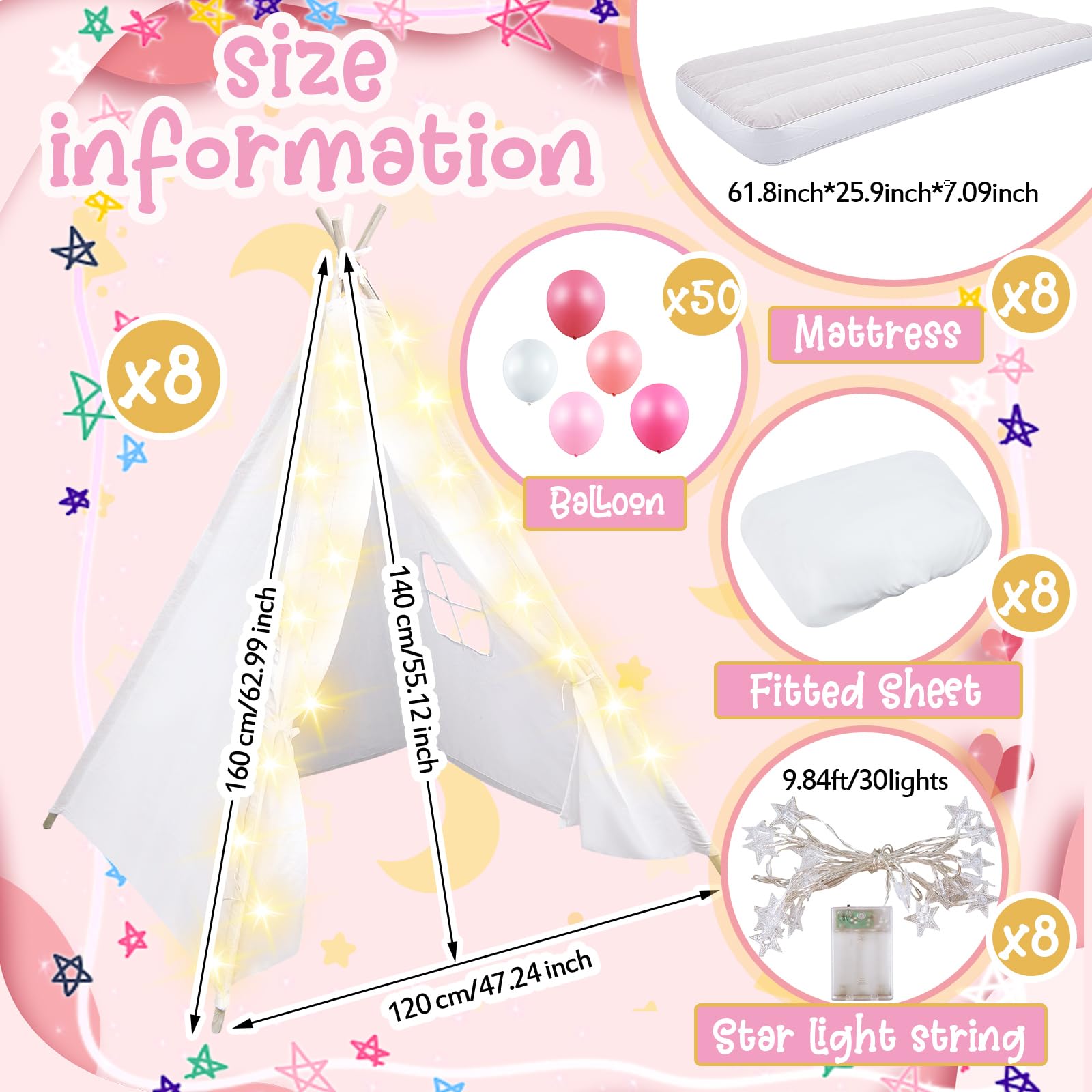 Kids Sleepover Teepee Tent Set with Air Mattress and Lights