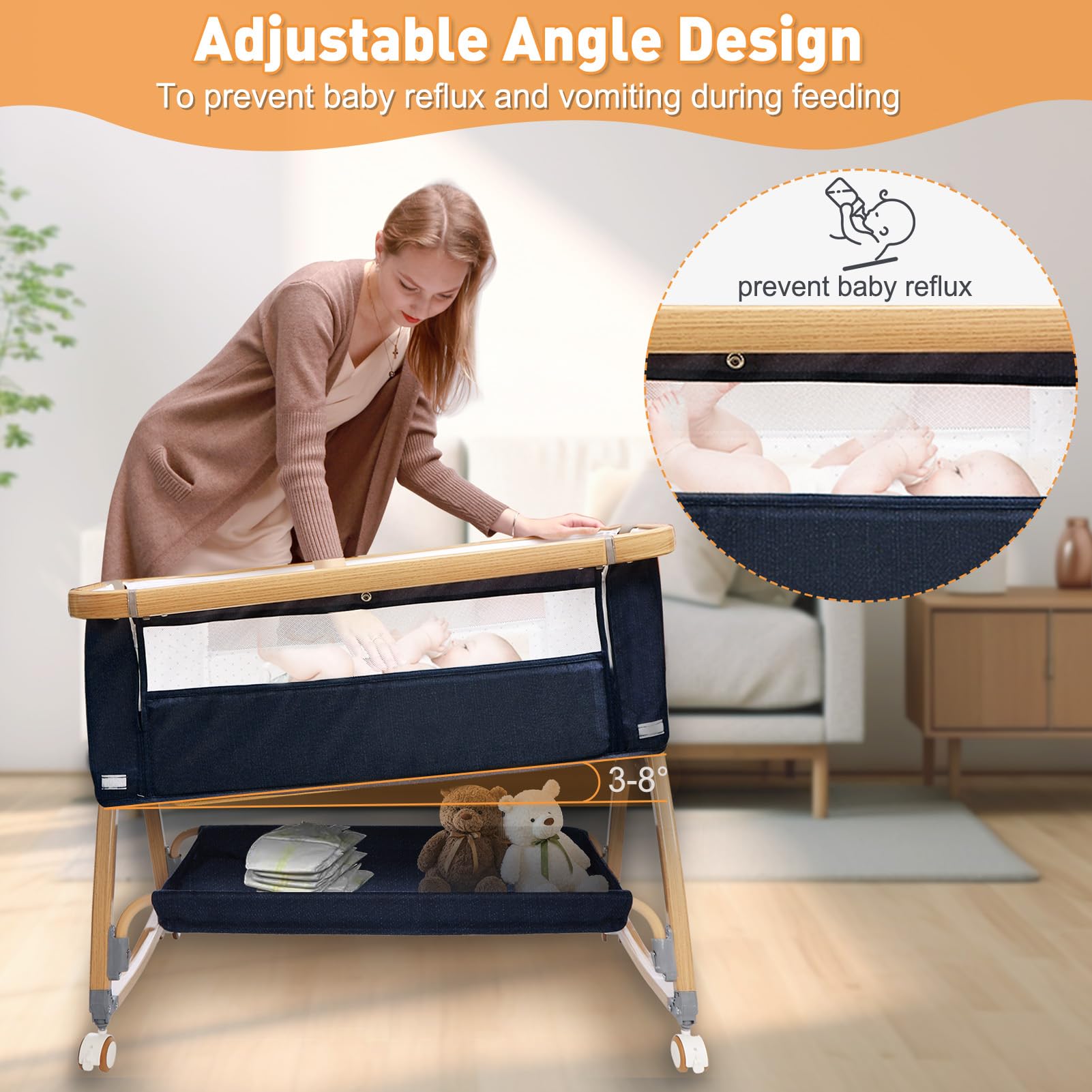 3-in-1 Bedside Baby Bassinet with Adjustable Height