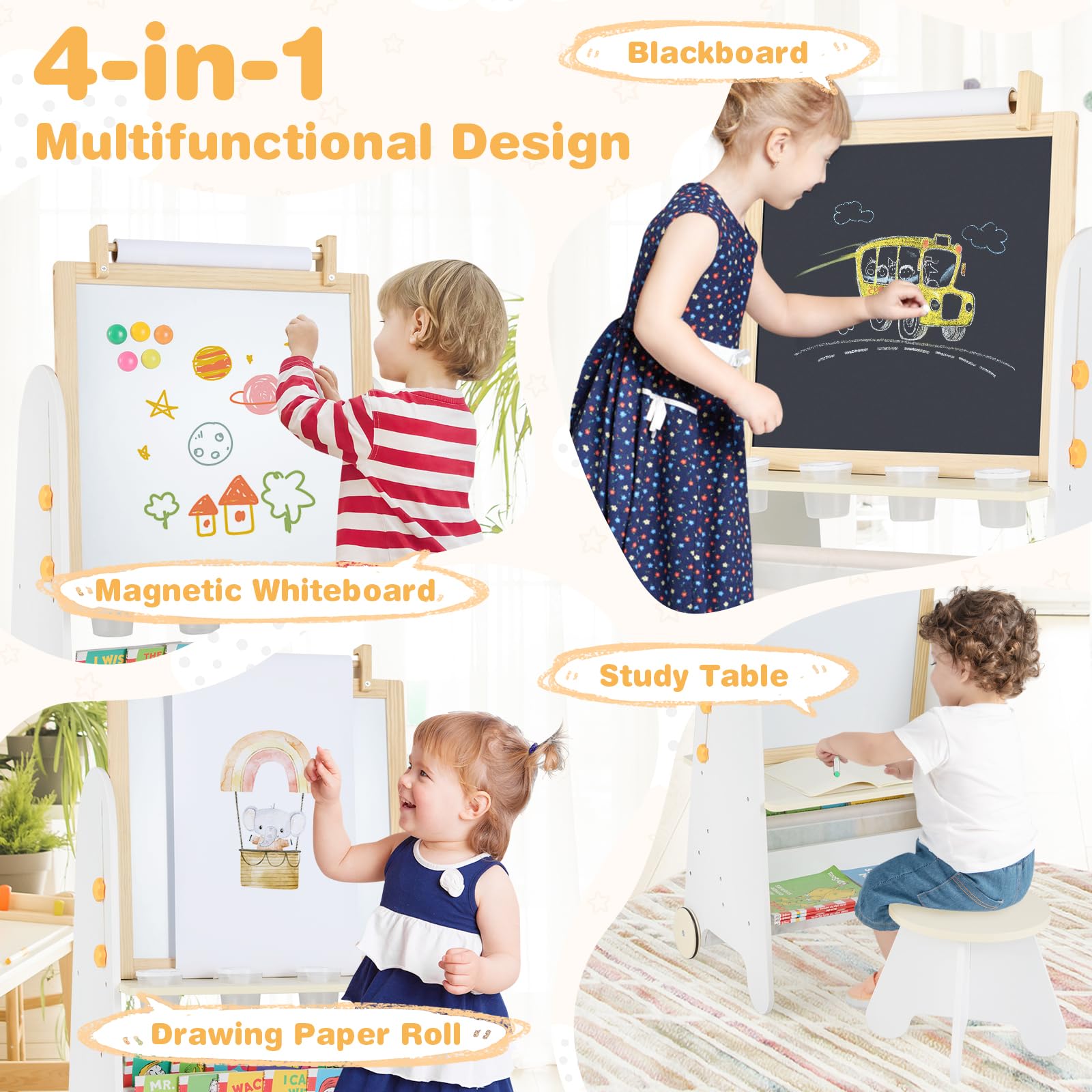 4-in-1 Kids Art Easel with Magnetic Whiteboard and Chalkboard