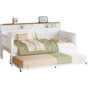Daybed with Trundle, Sturdy Metal Twin Bed Frame /Walnut