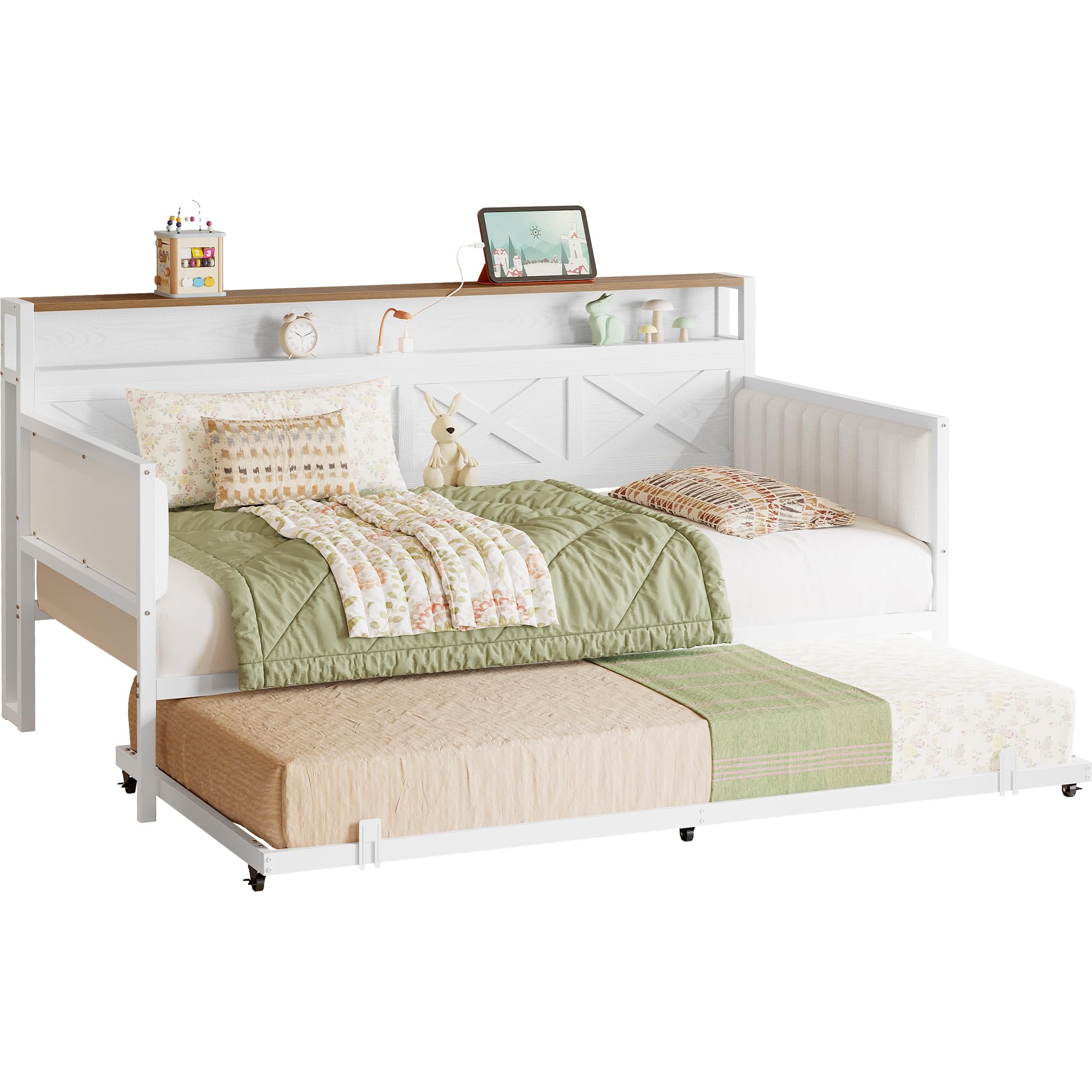 Daybed with Trundle, Sturdy Metal Twin Bed Frame /Walnut
