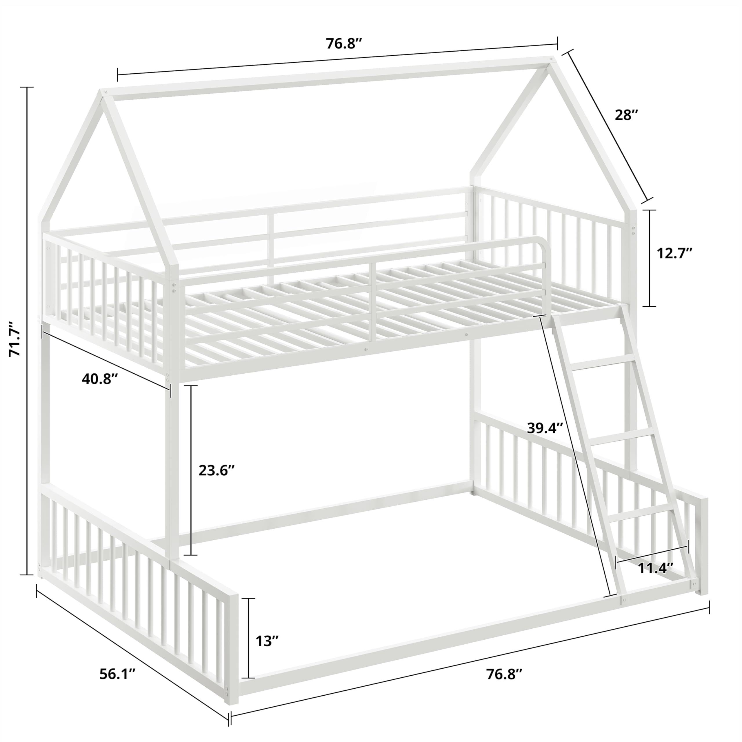 Twin Over Full House Bunk Bed with Ladder and Guardrail