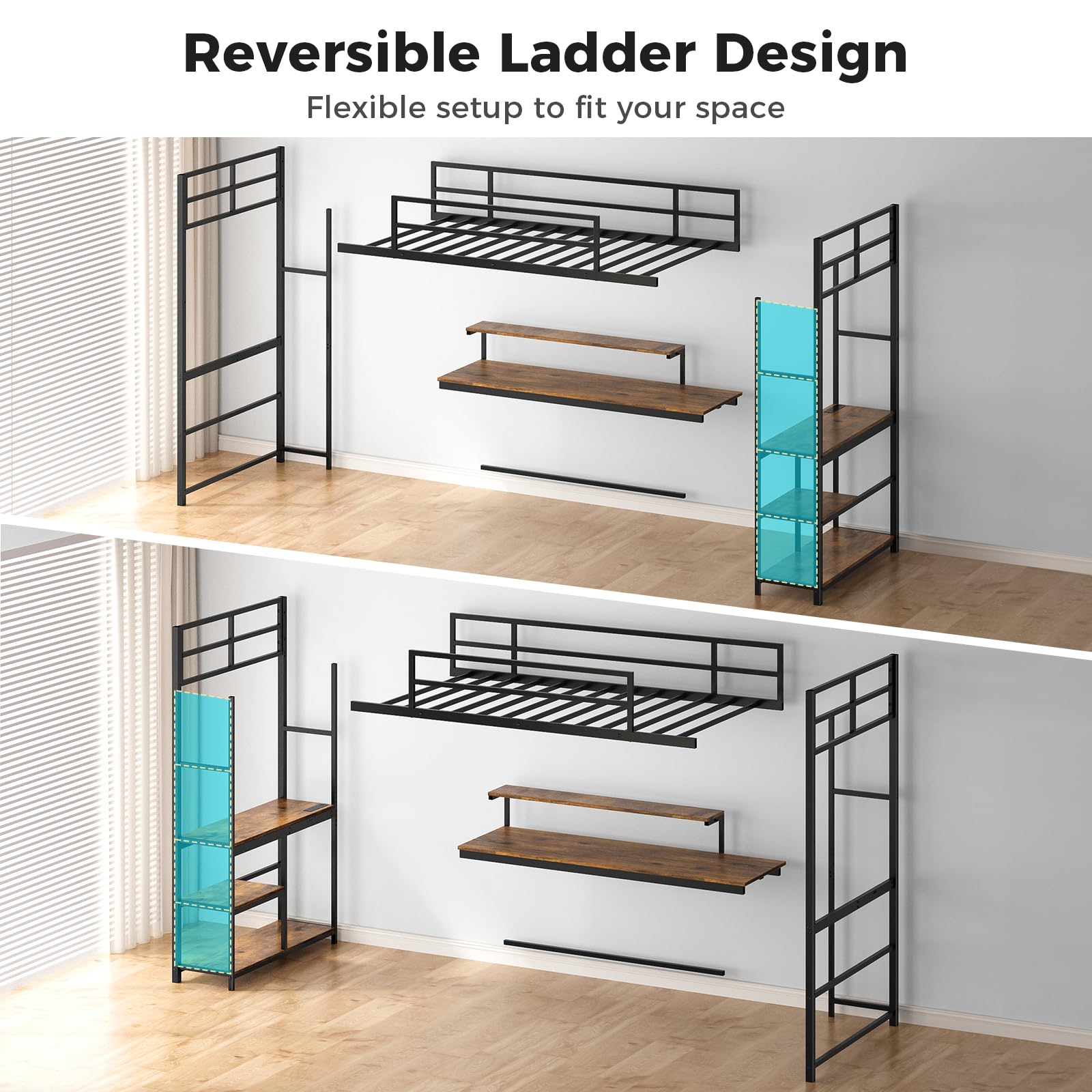 Twin Loft Bed with Large Desk and LED Lights