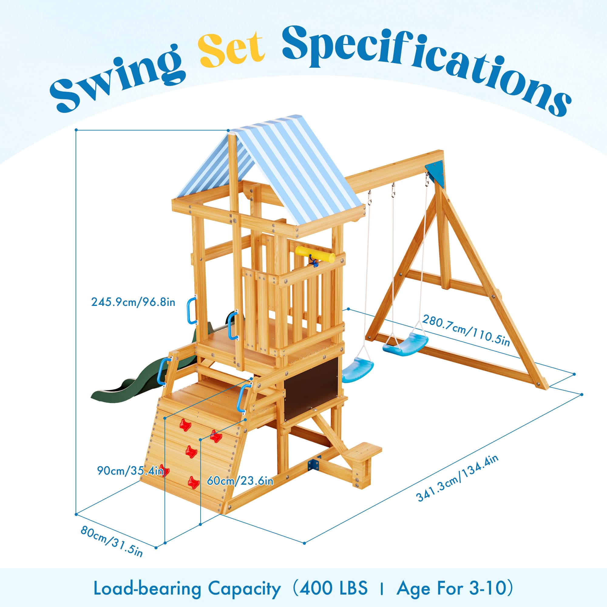 Wooden Swing Set with Slide and Climbing Ladder