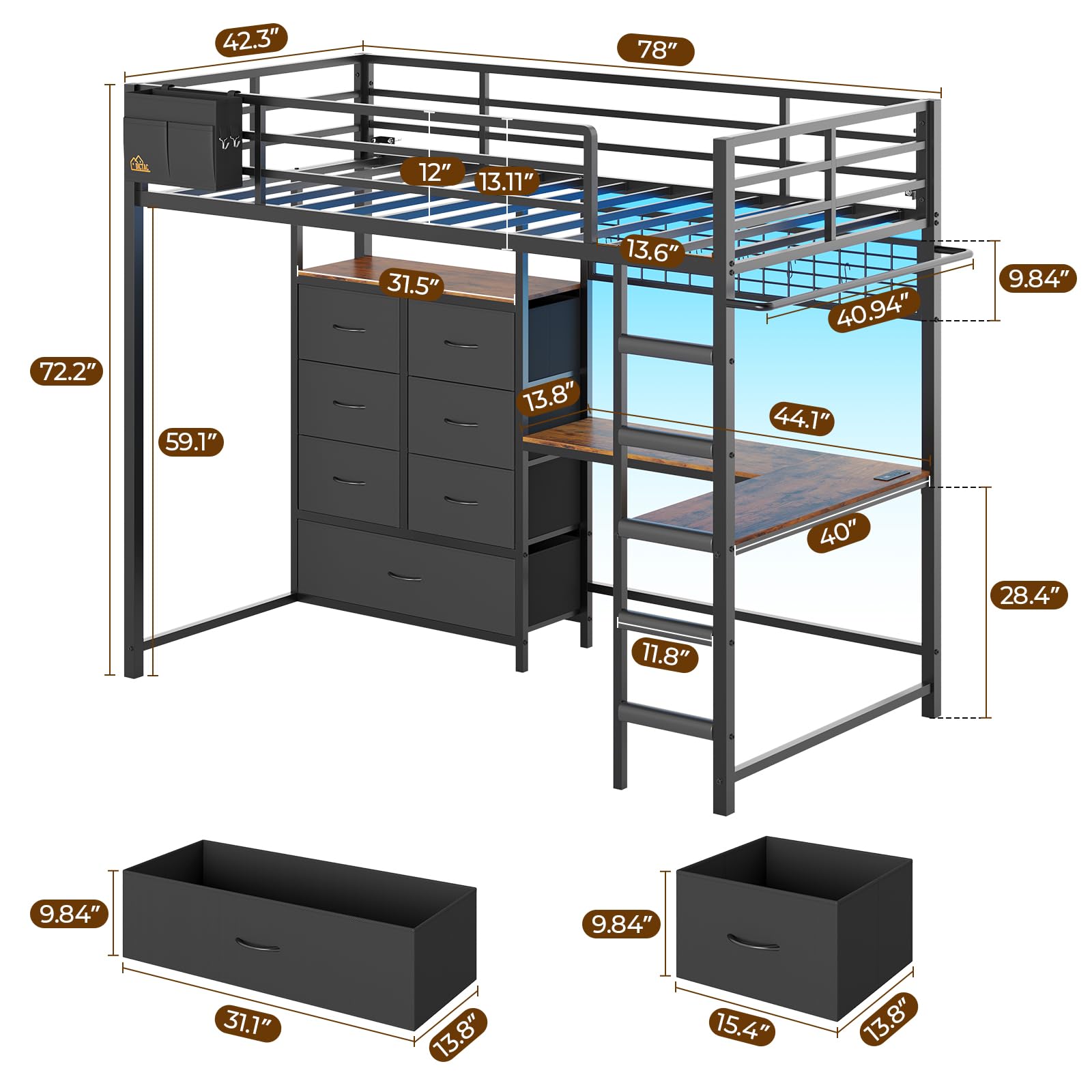 Twin Loft Bed with L-Shaped Desk and Storage Drawers