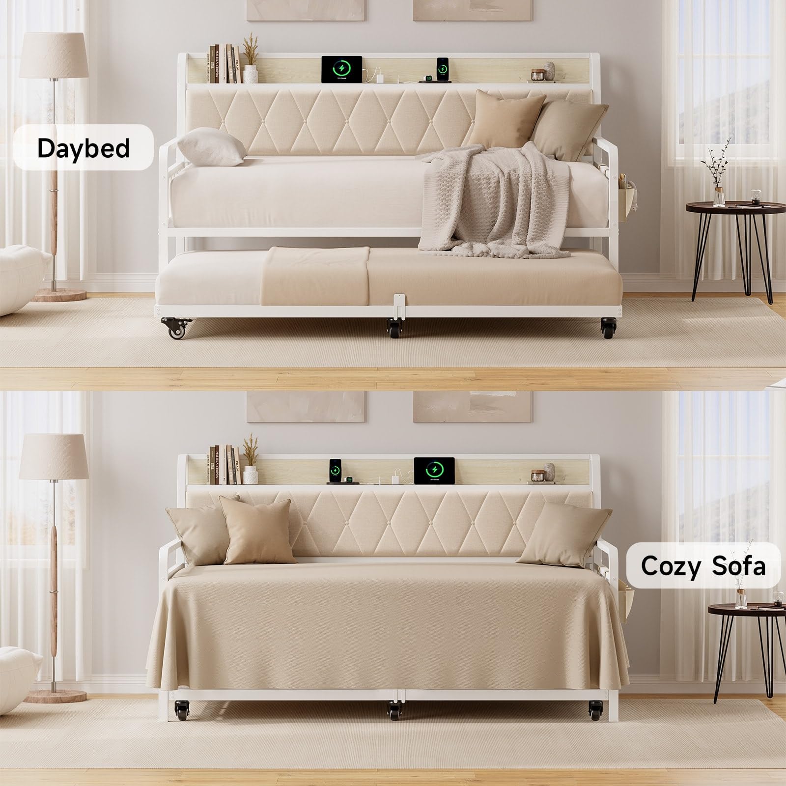 ONBRILL Twin Daybed with Trundle, Metal Day Bed Frame with Ergonomic Upholstered Headboard & Charging Station, Sofa Bed with Twin Trundle for Living Room, Bedroom, playroom, and Guest Room, White