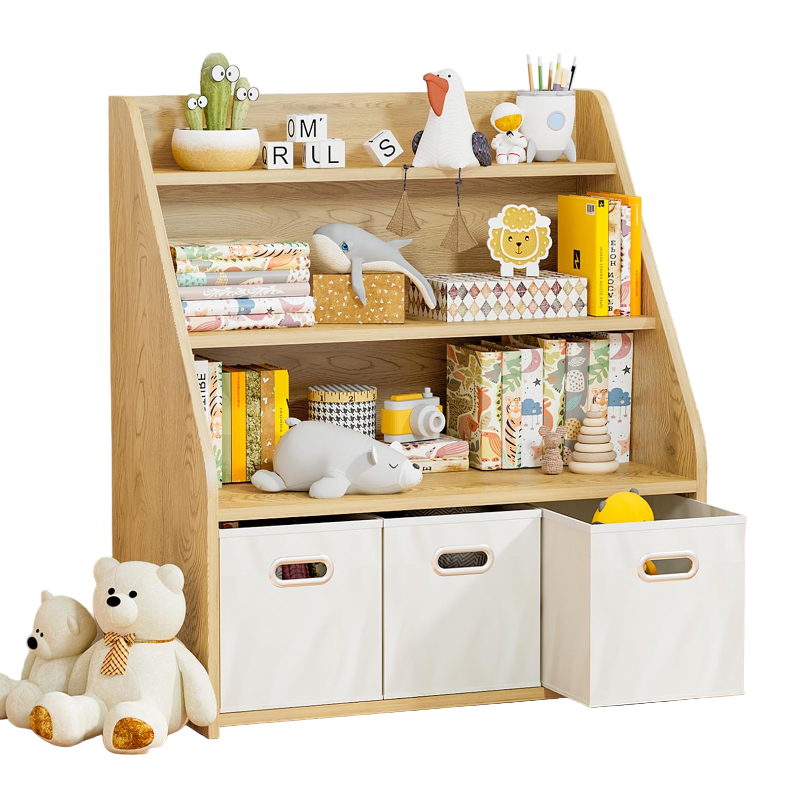 Kids Bookshelf and Toy Organizer, Wooden Kids Bookcase