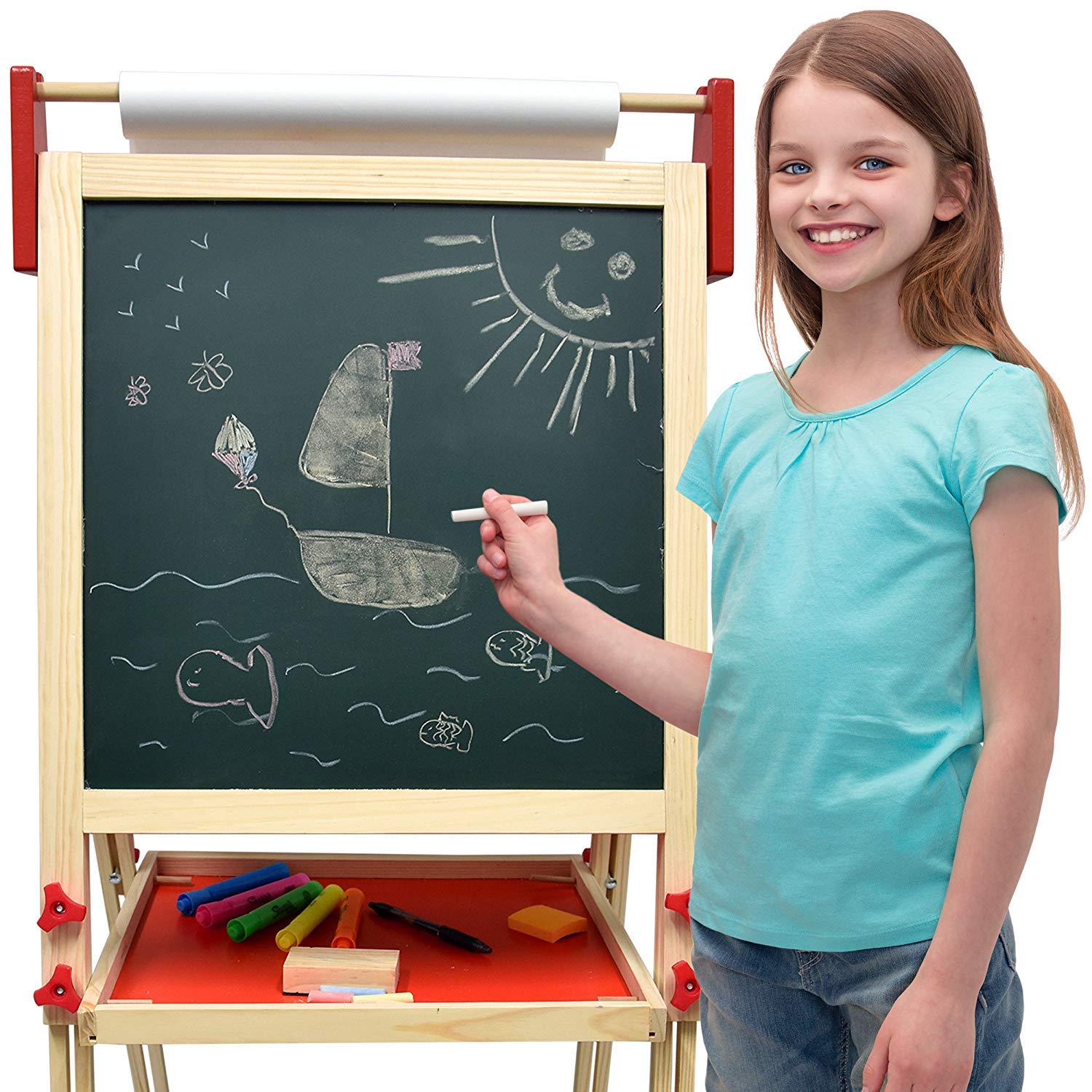 Number 1 in Gadgets Deluxe Standing Art Easel, Dry-Erase Board Chalkboard Magnetic Whiteboard Paper Roll and Accessories, Ultimate All-in-One Wooden Kid's Art Easel