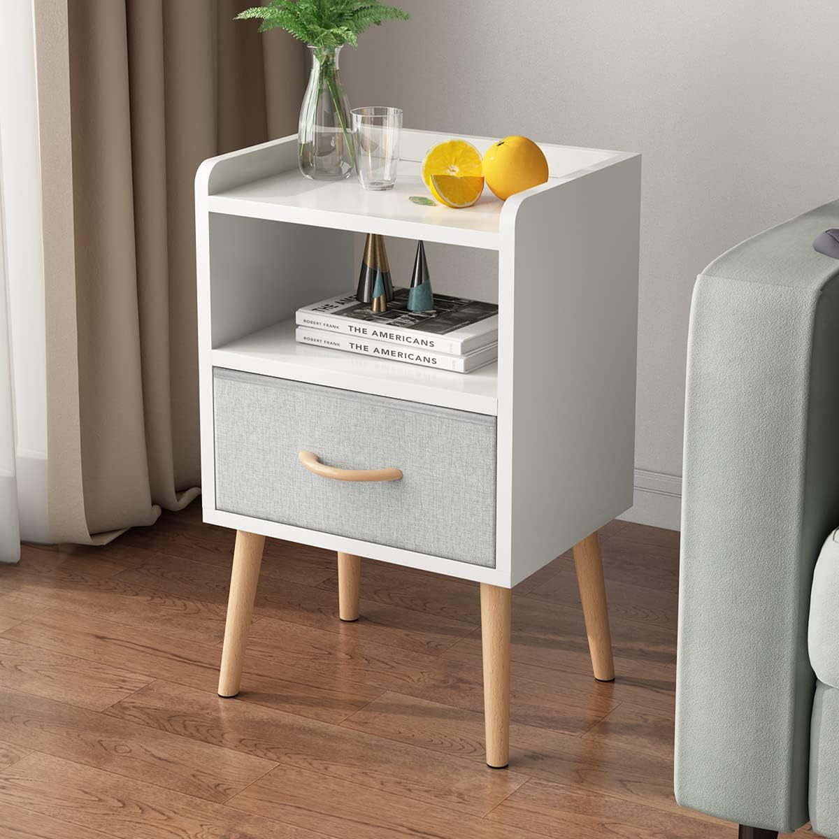White Night Stand with Drawer, Mid Century Modern Bedside Table