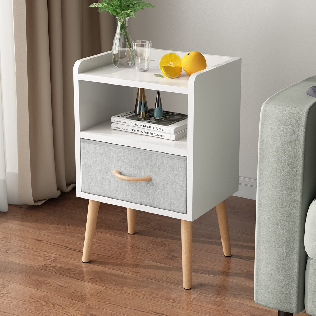 White Nightstand with Drawer Mid Century Modern Bedside Table
