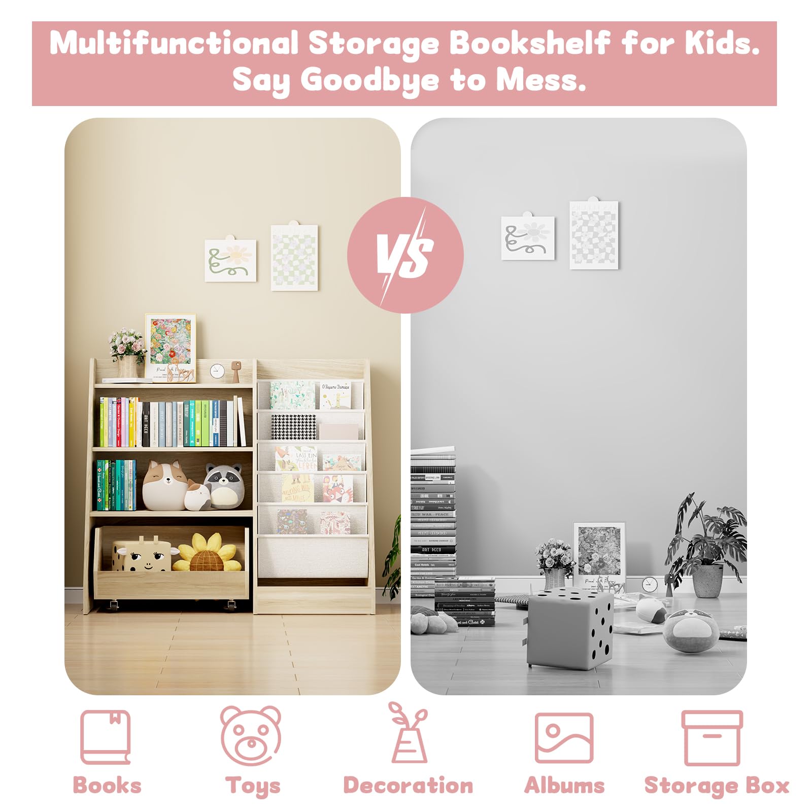 Kids Bookshelf and Toy Storage with Movable Drawer
