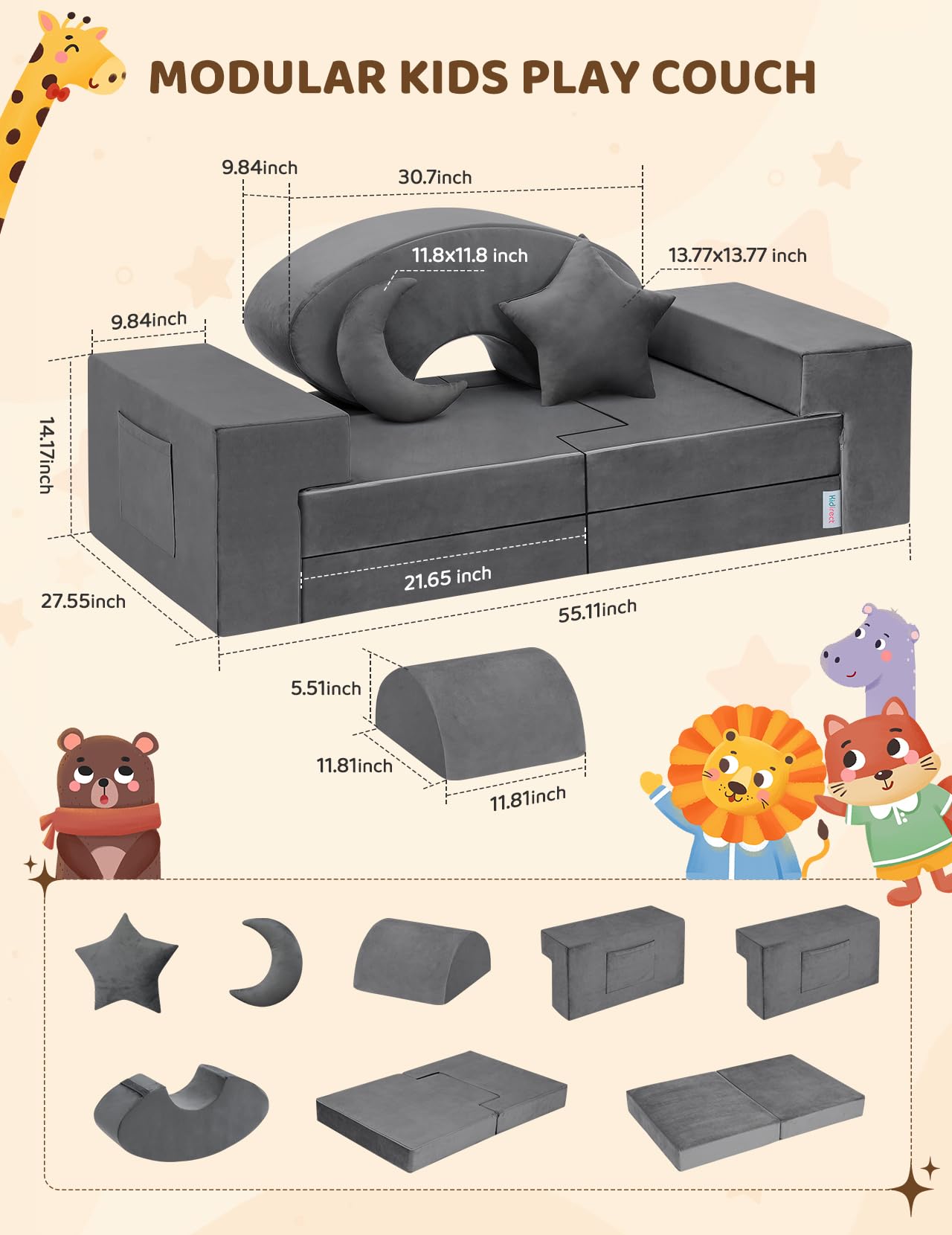 Modular Kids Play Couch with Rocking Horse Cushion and Star Moon Pillows