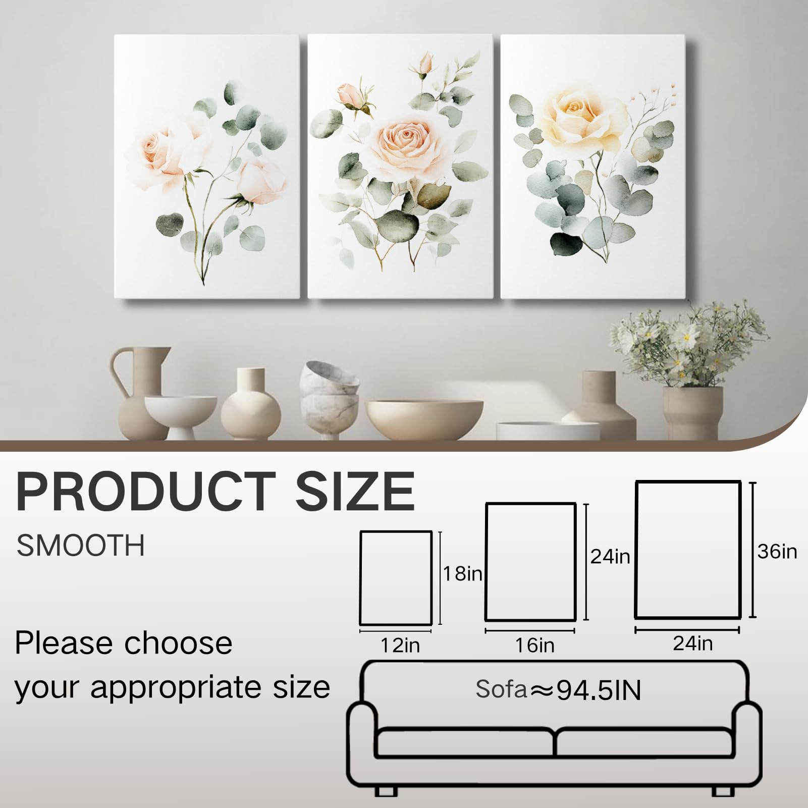 Wildflower Canvas Wall Art Set of 3 Watercolor Floral Prints