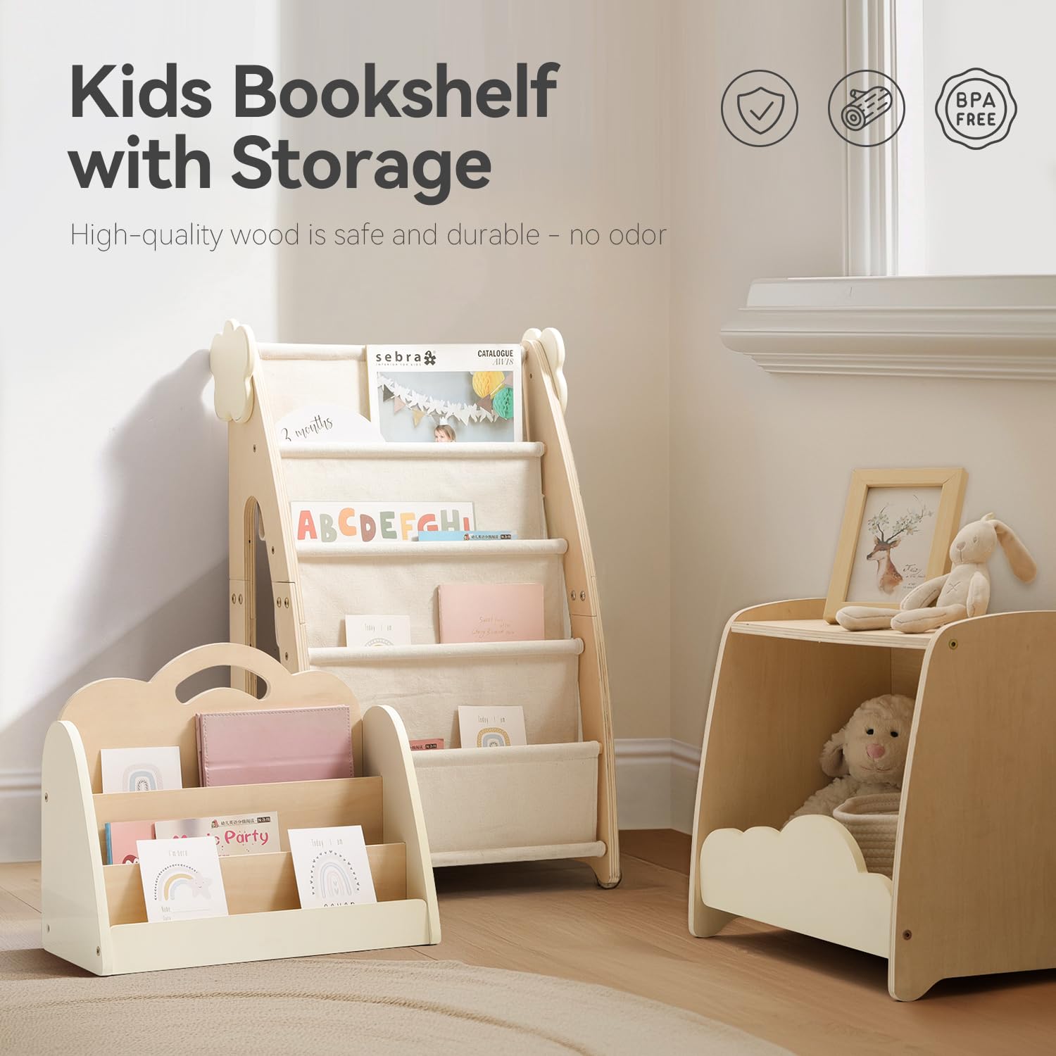 Kids Modular Wooden Bookshelf with Storage Bins