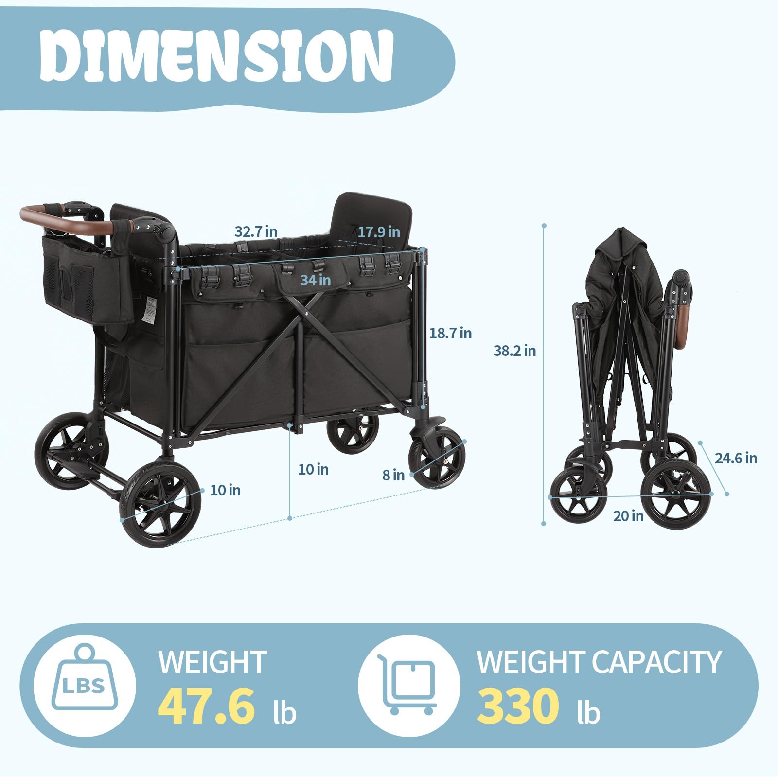Double Wagon Stroller with Rain Cover and Safety Harness