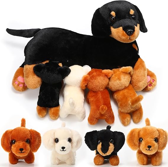 Nurturing Dog Mommy Plush Set with 4 Baby Puppies Soft Cute Dog Themed Stuffed Plush Toys for Kids Girls Boys Easter Birthday Gifts(Dachshund)