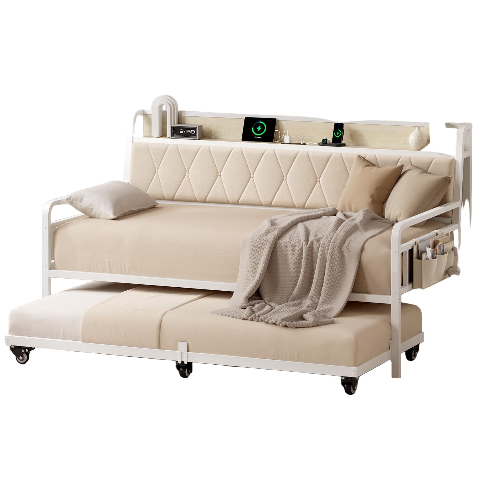 ONBRILL Twin Daybed with Trundle, Metal Day Bed Frame with Ergonomic Upholstered Headboard & Charging Station, Sofa Bed with Twin Trundle for Living Room, Bedroom, playroom, and Guest Room, White