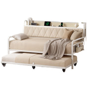 ONBRILL Twin Daybed with Trundle, Metal Day Bed Frame with Ergonomic Upholstered Headboard & Charging Station, Sofa Bed with Twin Trundle for Living Room, Bedroom, playroom, and Guest Room, White