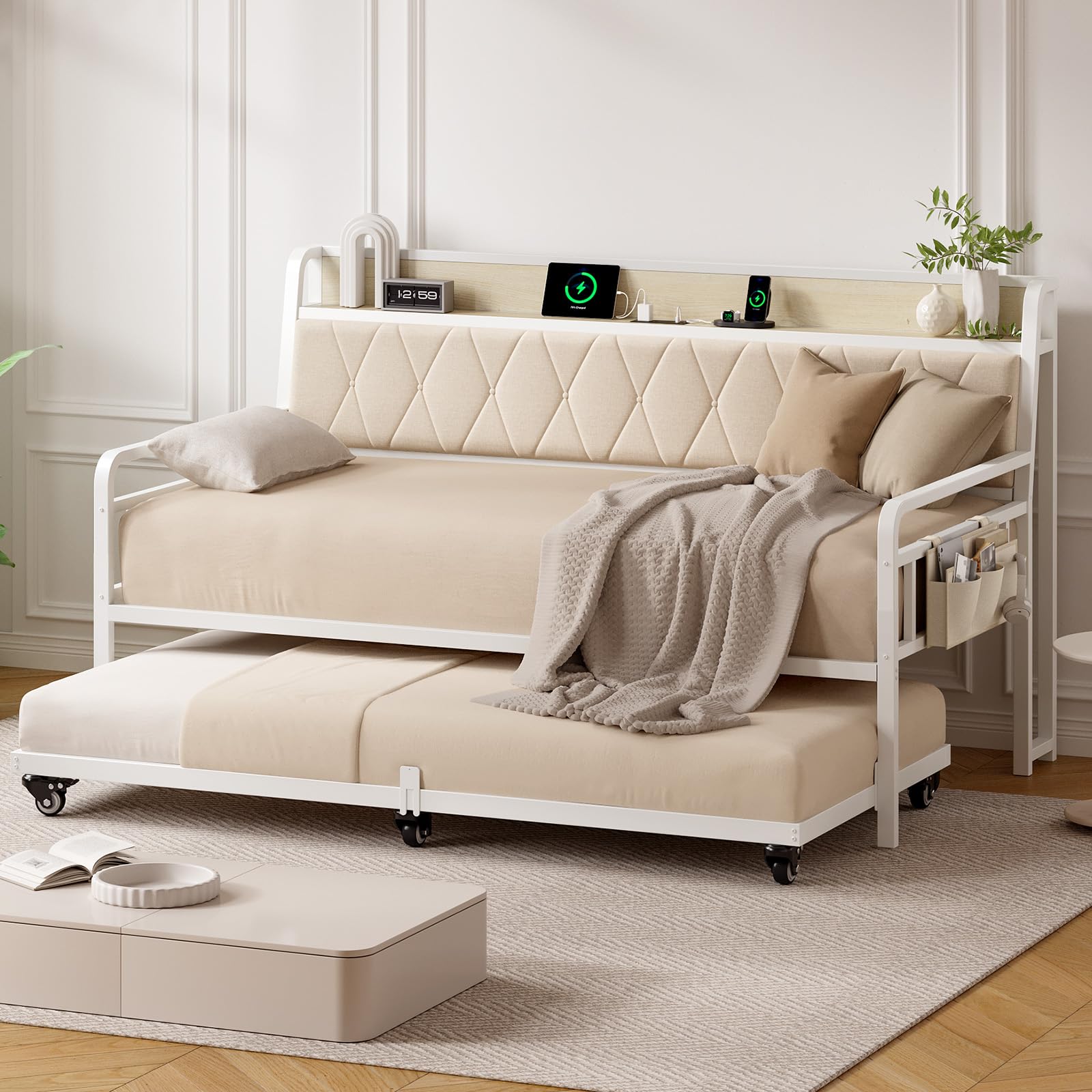 Twin Daybed with Trundle and Upholstered Headboard