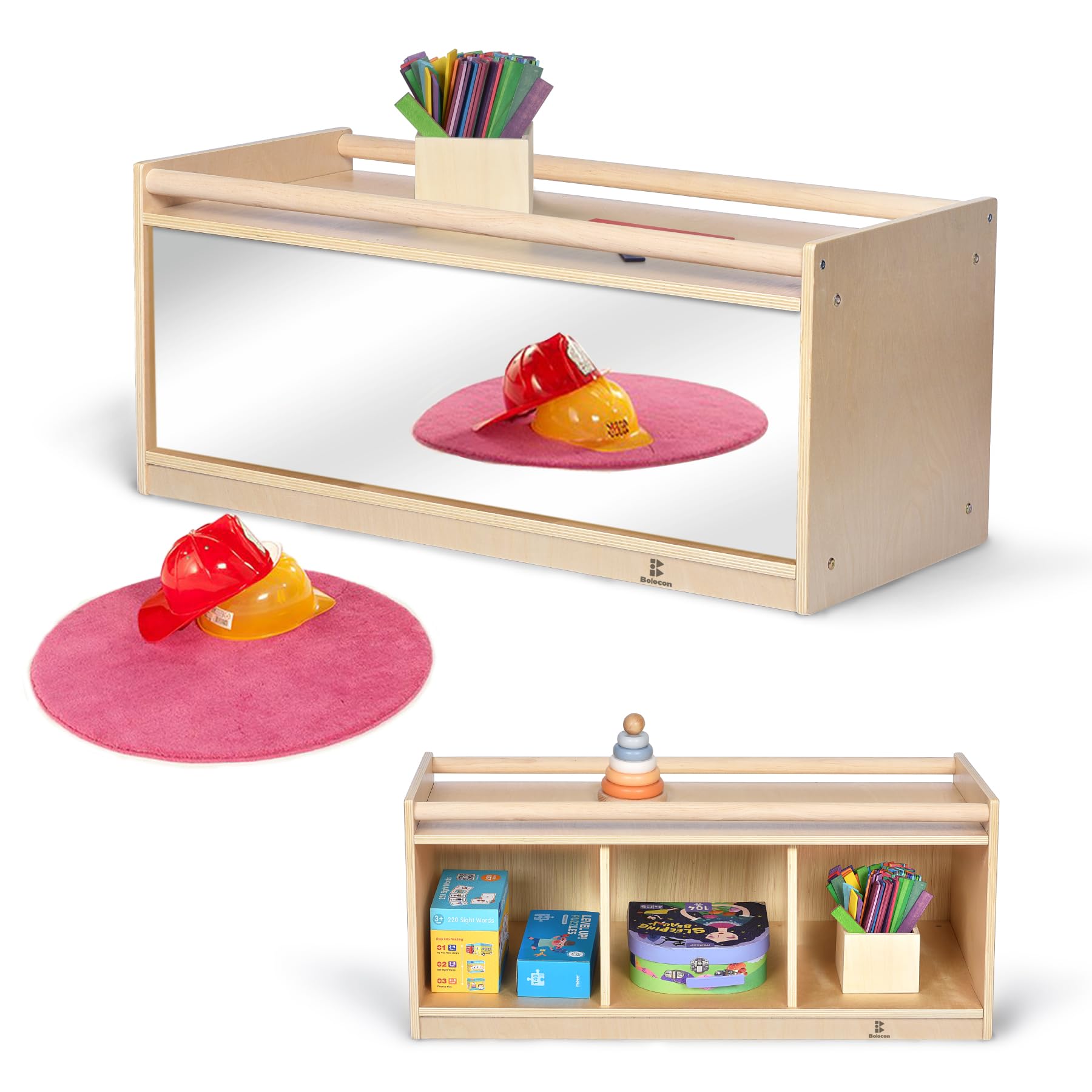 Toddler Toy Storage w/Mirror Back, Baby Preschool and Daycare Cubbies w/ 2 Top Holding