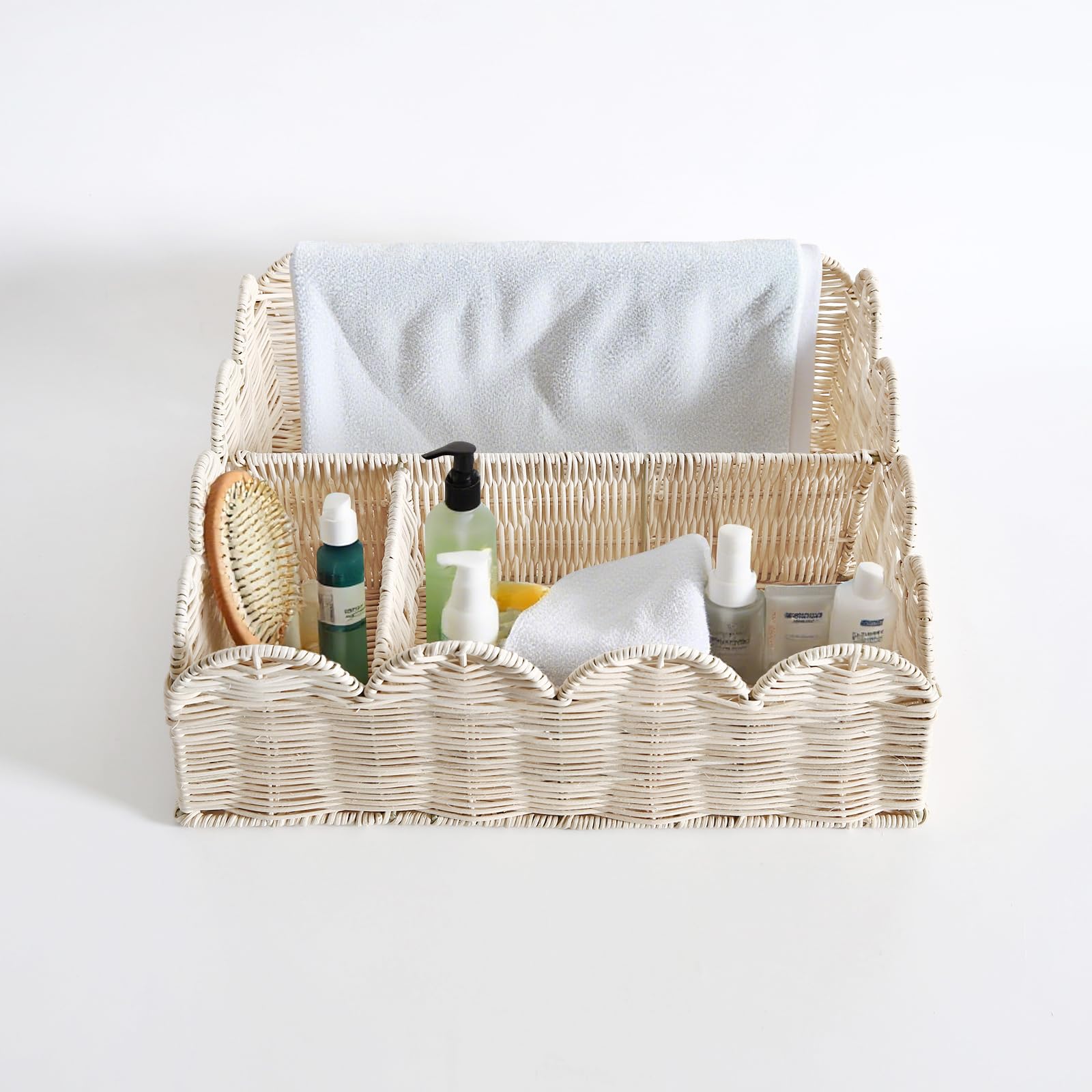 Divided Scalloped Basket,Wicker Diaper Caddy Scalloped Baske,Woven