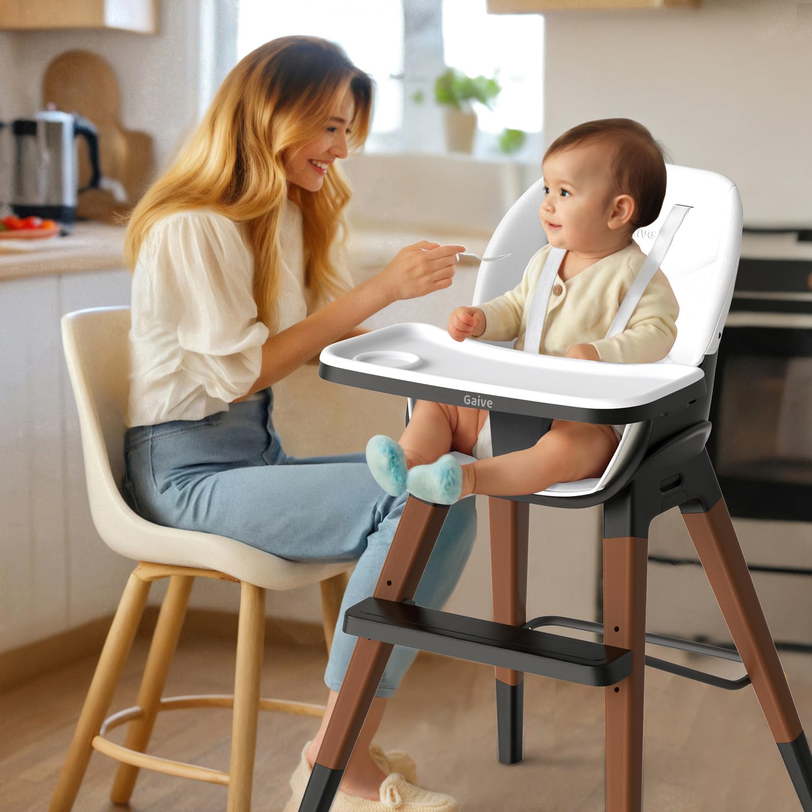 8 in 1 Highchair, Convertible Wooden Baby High Chair with Tray