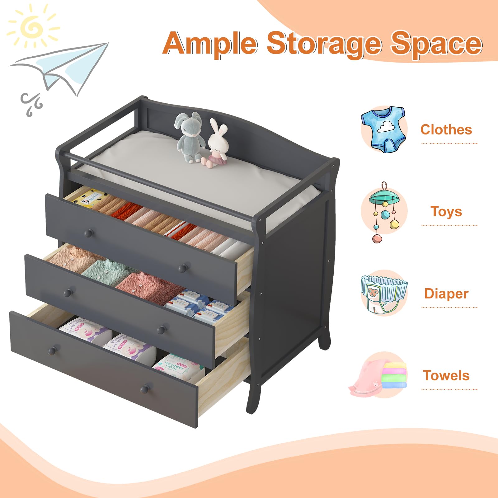 Wooden Baby Changing Table with 3 Drawers