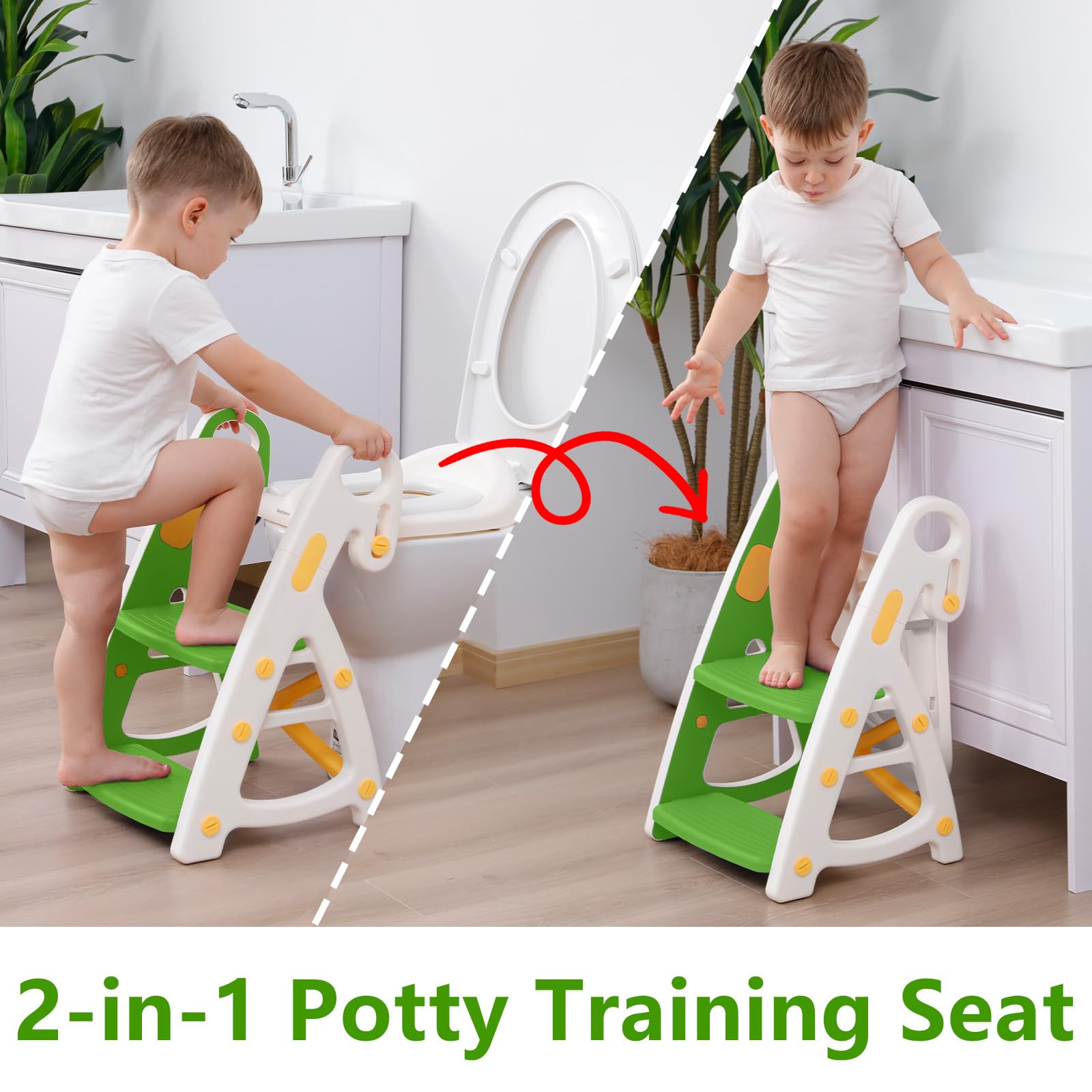Potty Training Seat: 2 in 1 Design Potty Seat for Toilet & Nursery Step Stool for Sink Potty Training Toilet with Height Adjustable Ladder for Kids of All Ages (YGreen)