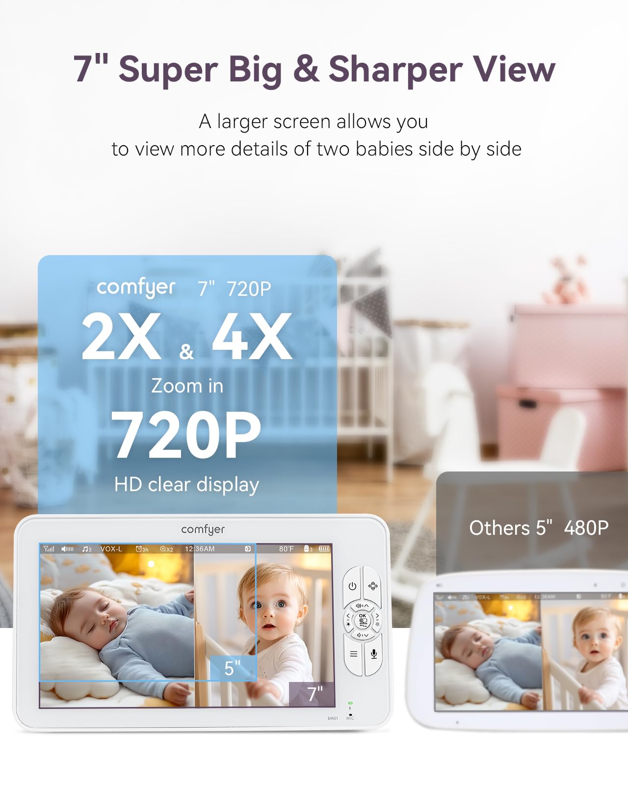 Comfyer 7" Split-Screen Baby Monitor with 2 1080P Cameras, 720P HD No WiFi Monitor with a Flexible Bracket, Video Baby Monitor with Camera and Audio, 2 Way Audio, Remote PTZ, Auto Night Vision