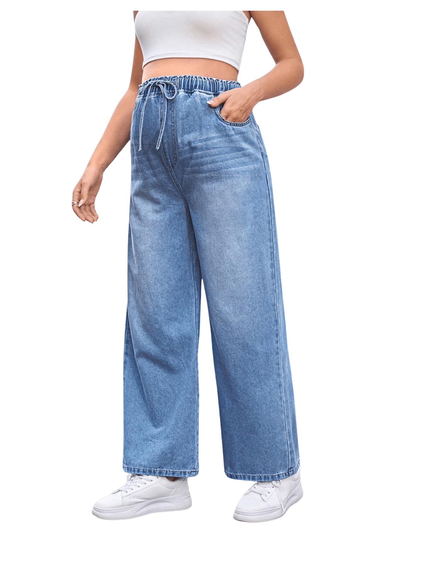 Women's Maternity Denim Pants Elastic Waist Drawstring Wide Leg Baggy