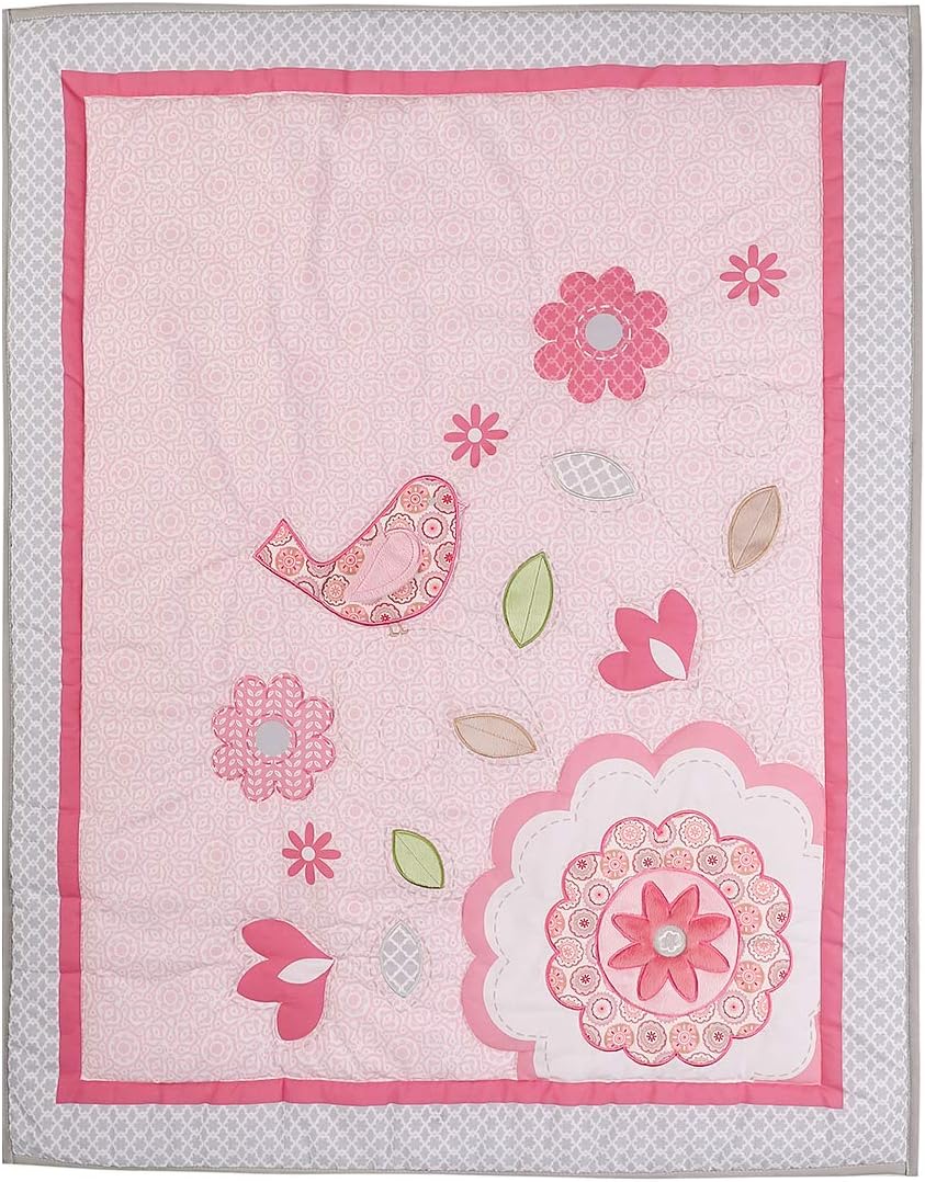Pink Floral Happy Birds Nursery Bedding Set 4 PCs Embroidered Flowers Birds Bedding Crib Set Quilt + Fitted Sheet + Skirt + Window Valance (4 PCs Bedding Set)