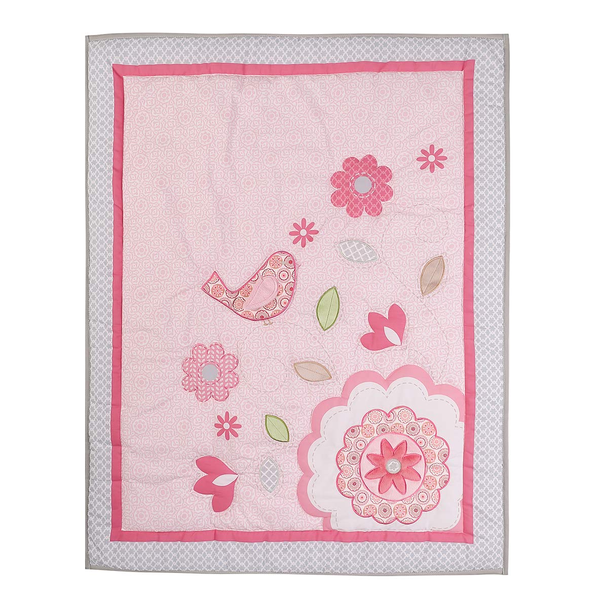 Pink Floral Happy Birds Nursery Bedding Set 4 PCs Embroidered Flowers Birds Bedding Crib Set Quilt + Fitted Sheet + Skirt + Window Valance (4 PCs Bedding Set)