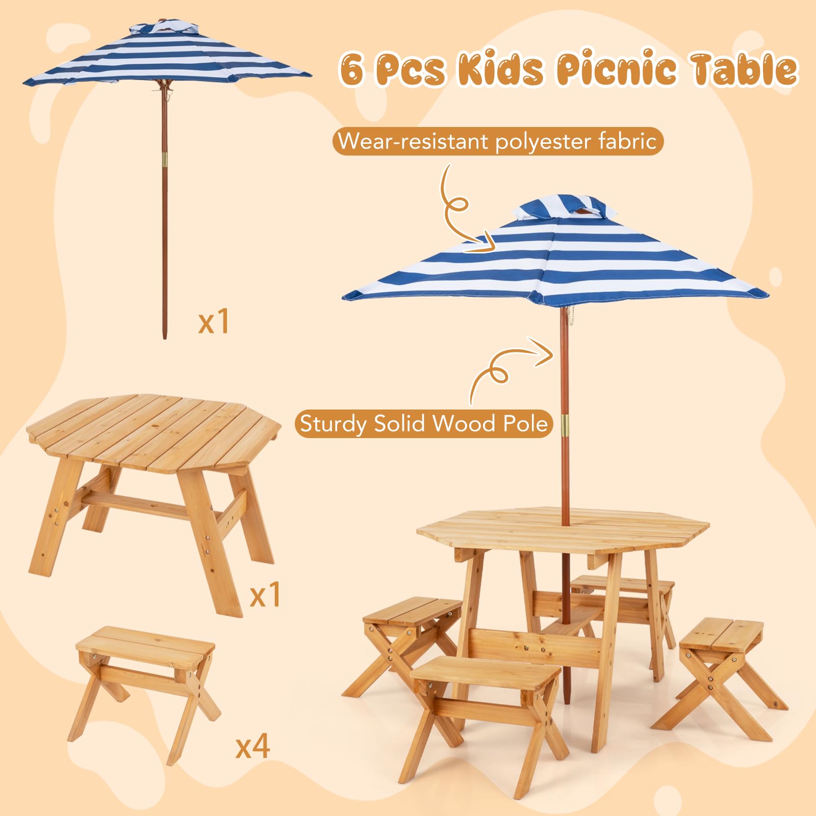 Kids Outdoor Picnic Table Set with Umbrella and 4 Stools