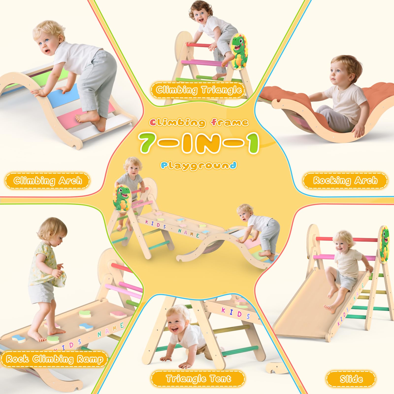 Dinosaur Pikler Triangle Climbing Set with Arch Ramp and Cushion