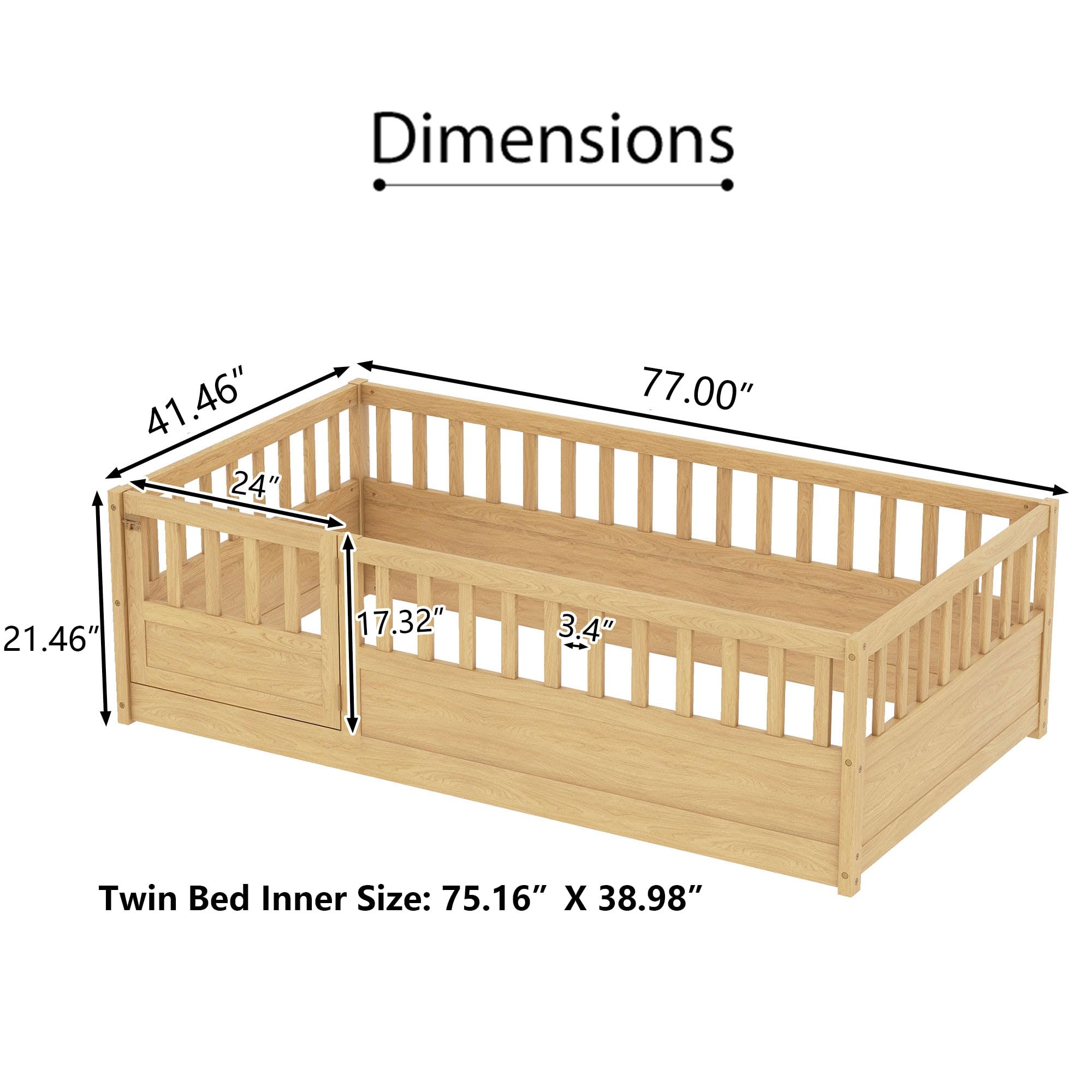 Twin Montessori Floor Bed with High Fence and Door