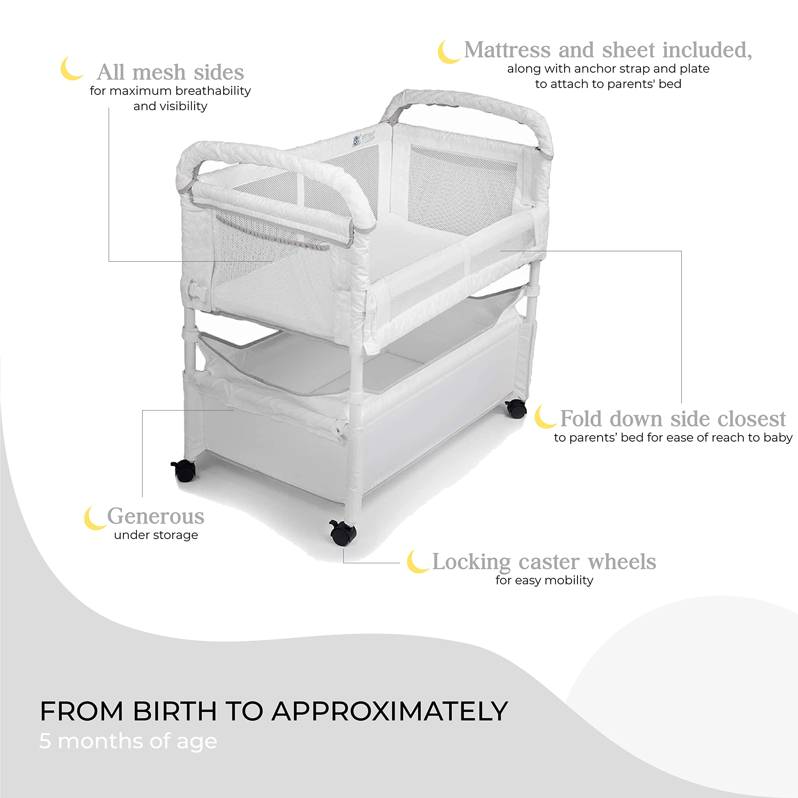 Arm’s Reach Clear-Vue Co-Sleeper Bedside Bassinet Featuring Clear Mesh Panels with Fold-Down Side, Large Attached Storage Basket, 4 Wheels, and Height-Adjustable Legs, White