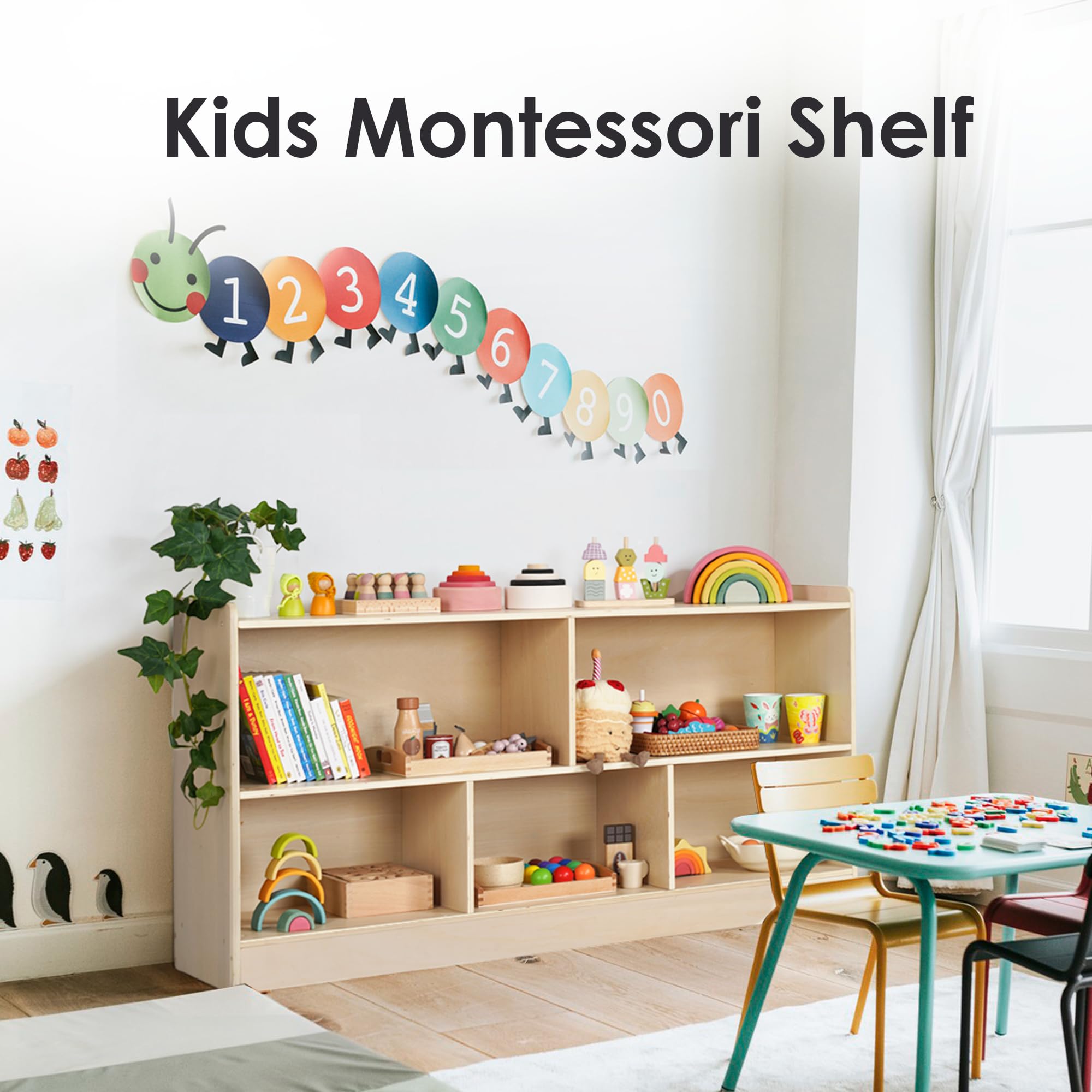 Wooden Montessori Toy Storage Shelf with 5 Open Sections for Kids