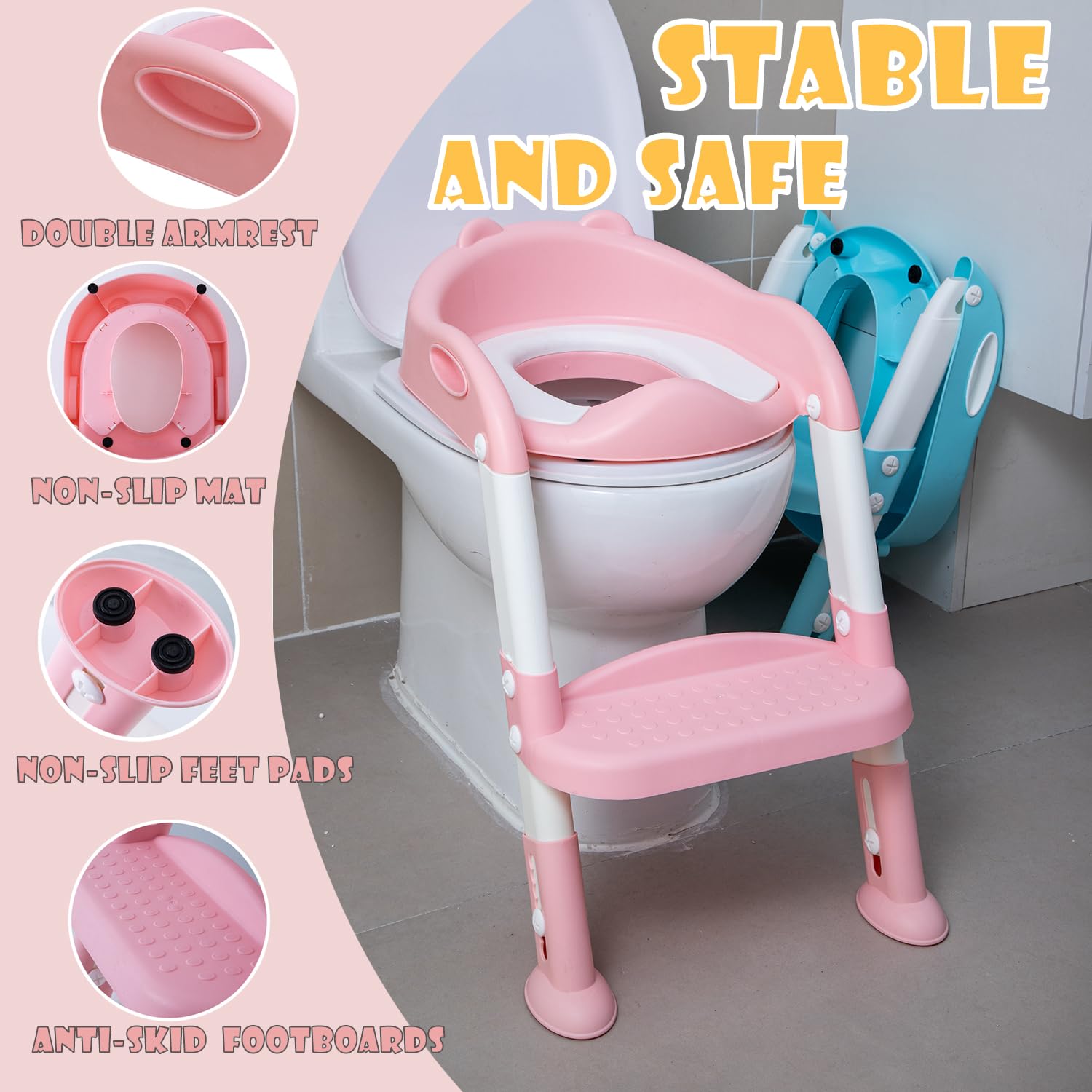 EGREE Potty Training Toilet Chair Seat with Step Stool Ladder for Kids and Toddler Boys Girls - Foldable Height Adjustable Children Toilet Training Seat with Safe Handles & Anti-Slip Pads, White-Pink