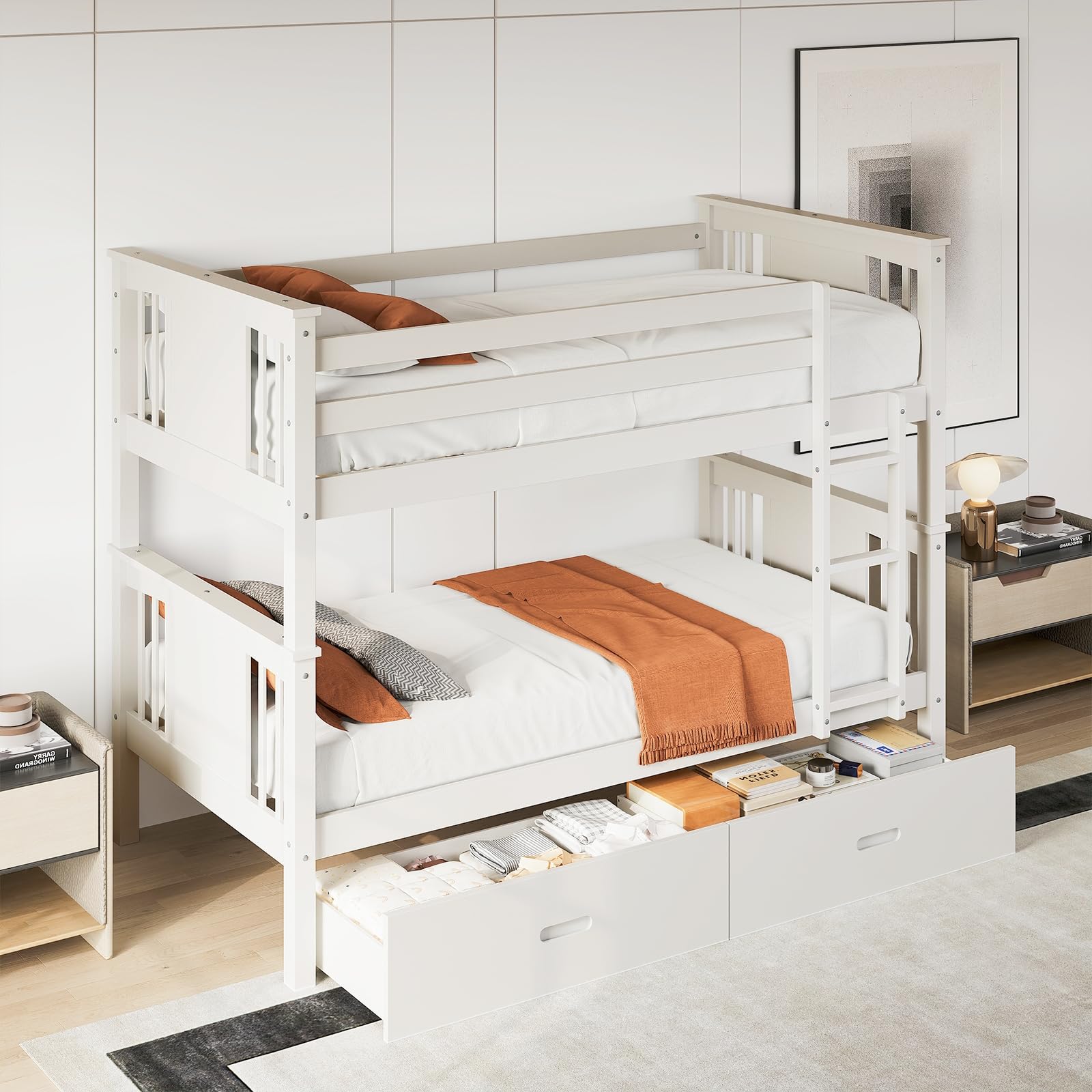 Twin Over Twin Bunk Bed with Storage Drawers and Ladder