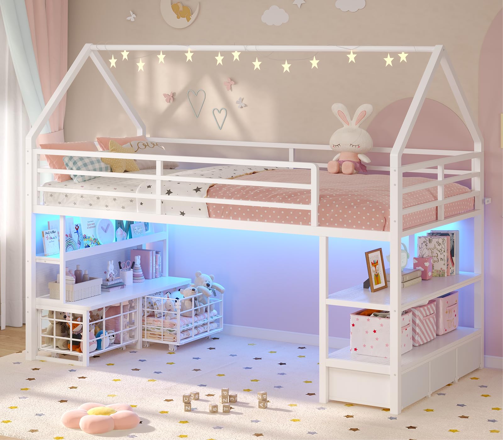Twin Loft Bed with Storage Drawers and LED Lights
