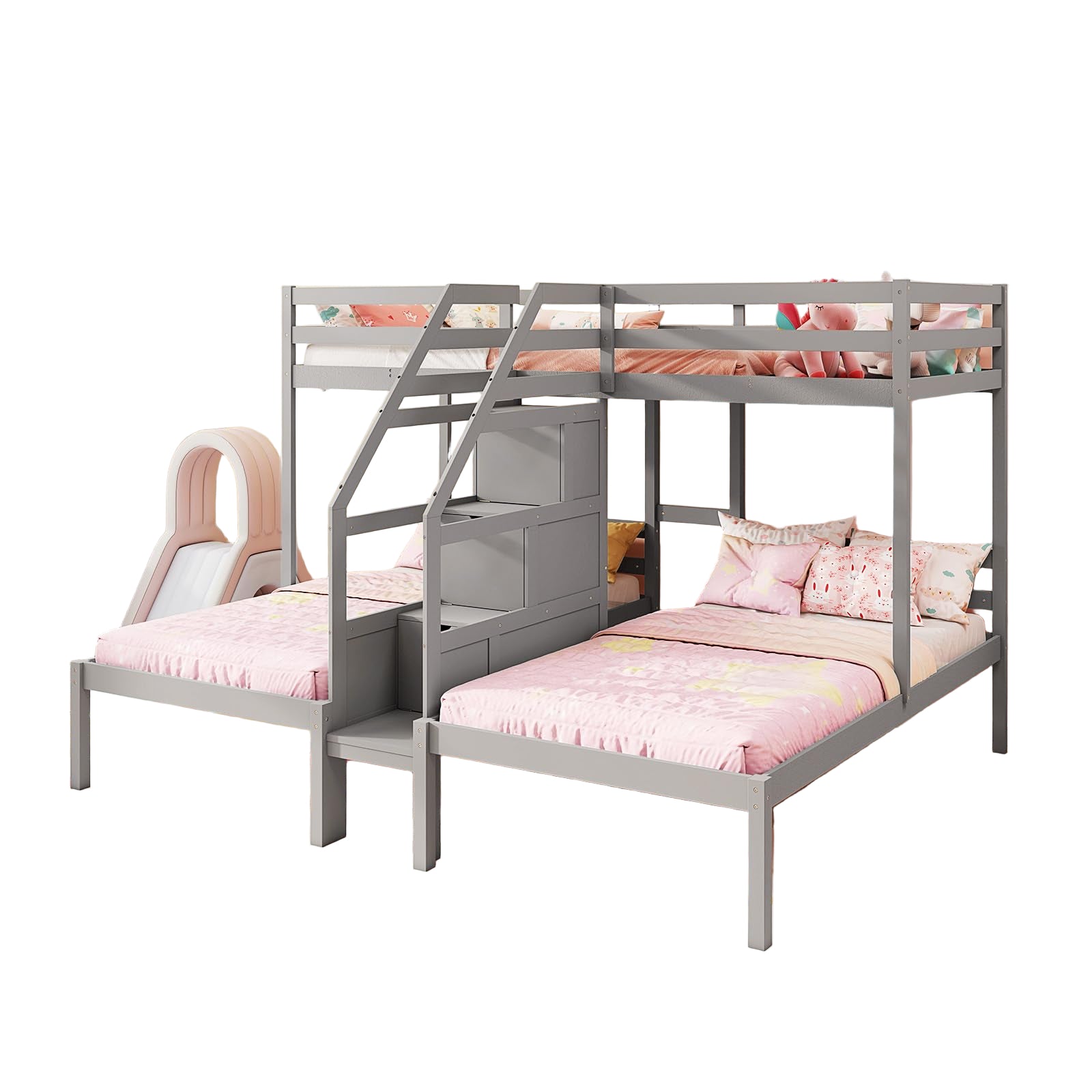 Twin Over Twin & Twin Bunk Bed, Triple Bunk Beds with 4-Step Storage Stair